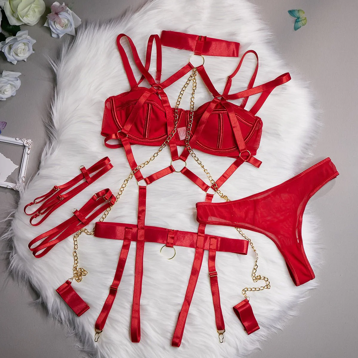 Midnight Rebel | Chain-Detail 4-Piece Mesh Lingerie Set - Image 7