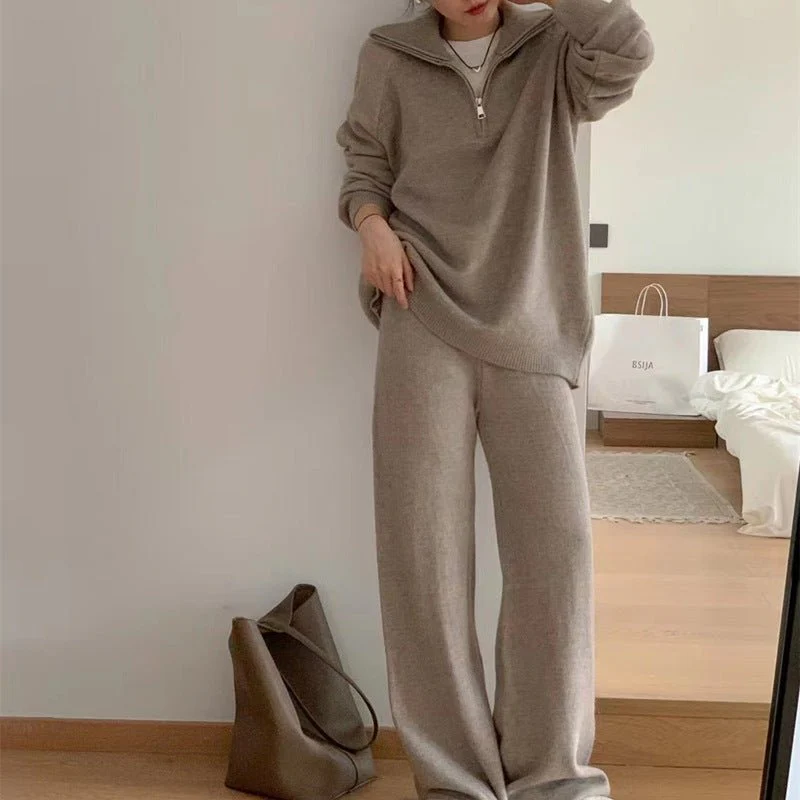 Milk gentle wind wear suit loose pullover sweater and wide leg pants