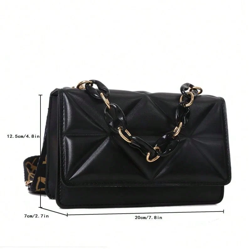 Mini Chain Decor Quilted Flap Embossed Crossbody Bag with Retro Chain - Image 12