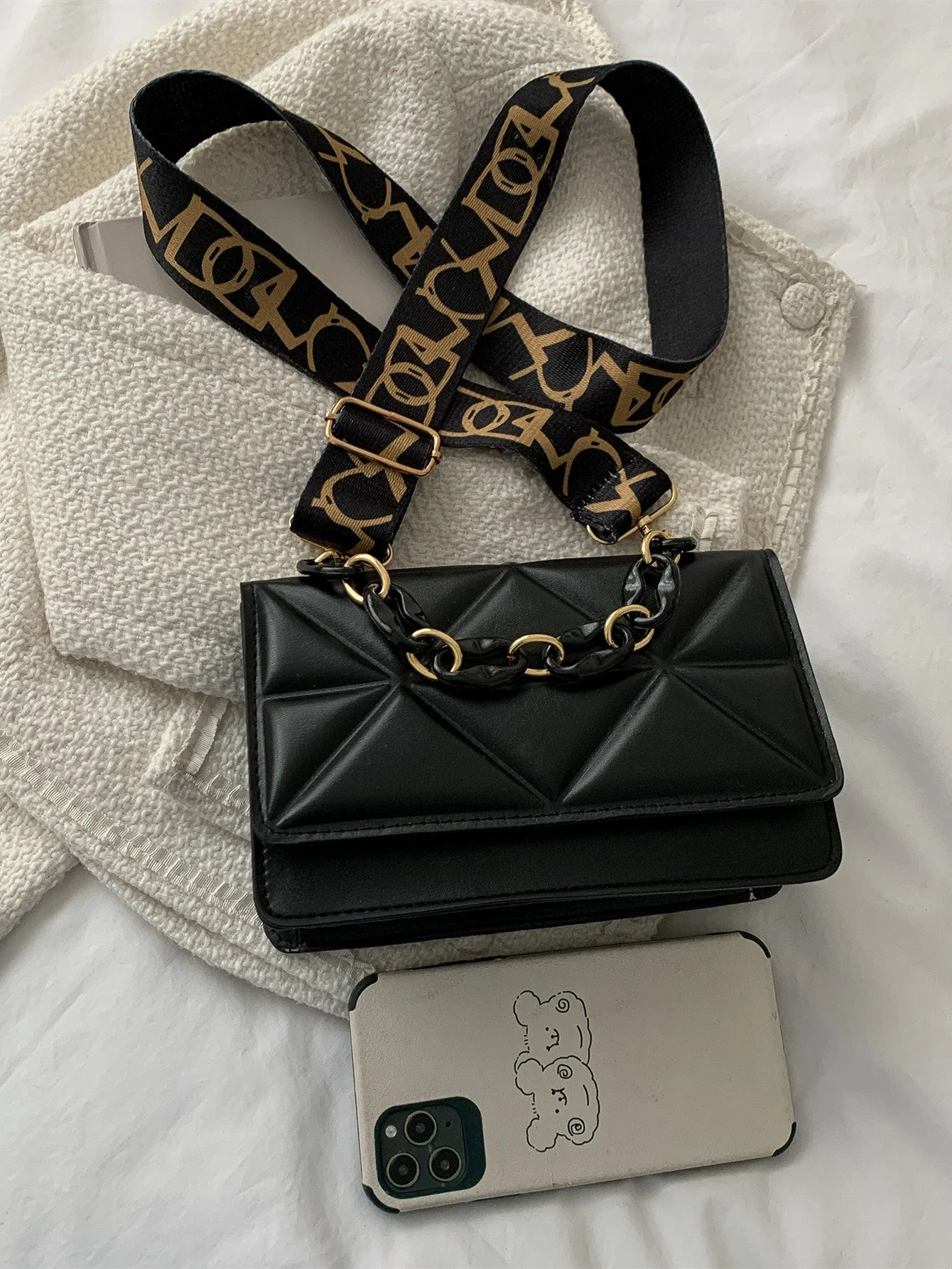 Mini Chain Decor Quilted Flap Embossed Crossbody Bag with Retro Chain - Image 3