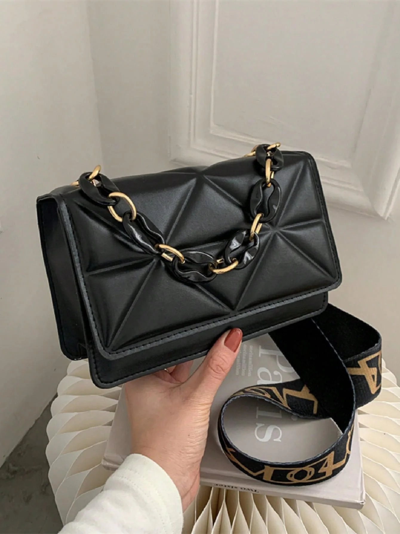 Mini Chain Decor Quilted Flap Embossed Crossbody Bag with Retro Chain - Image 7