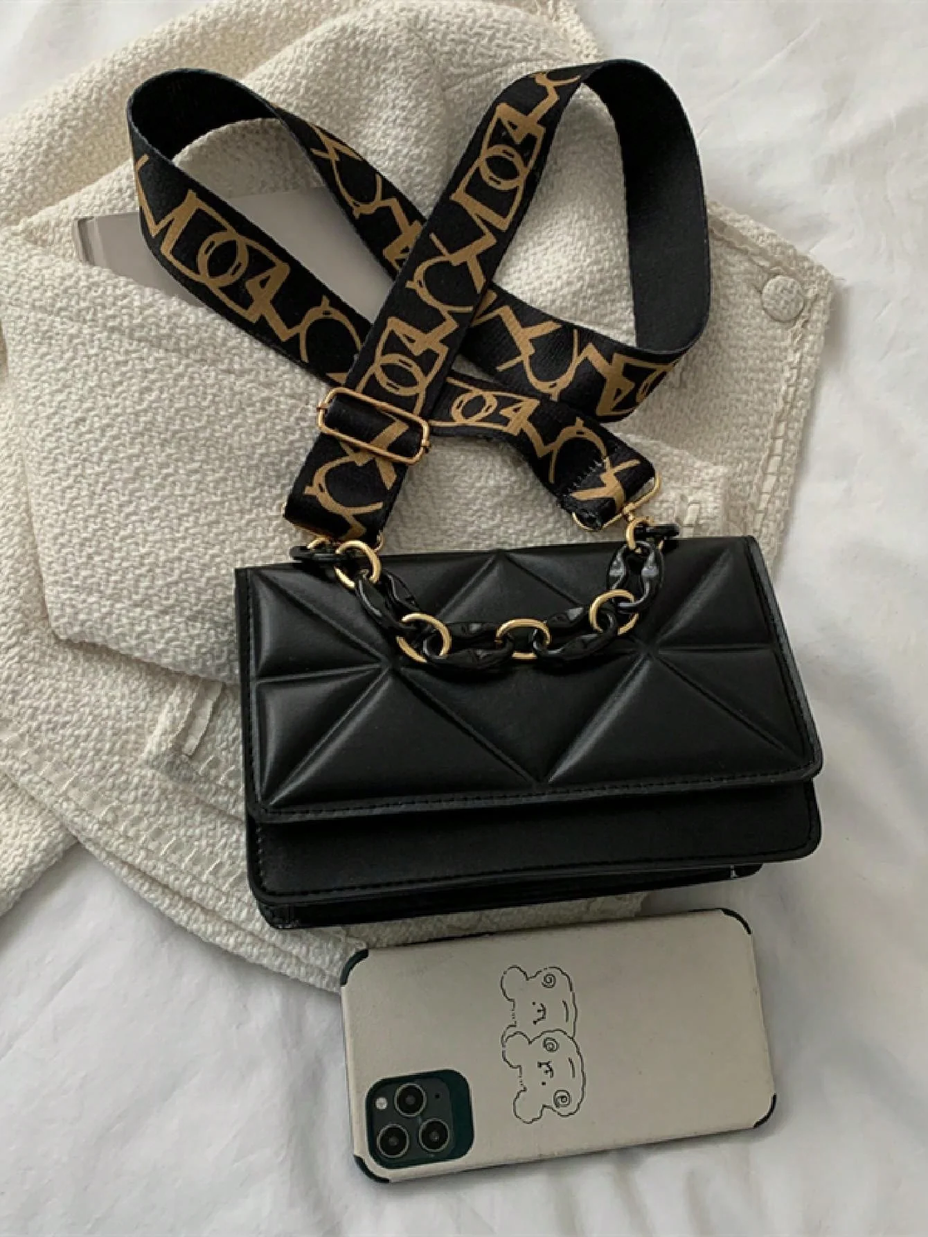 Mini Chain Decor Quilted Flap Embossed Crossbody Bag with Retro Chain - Image 9