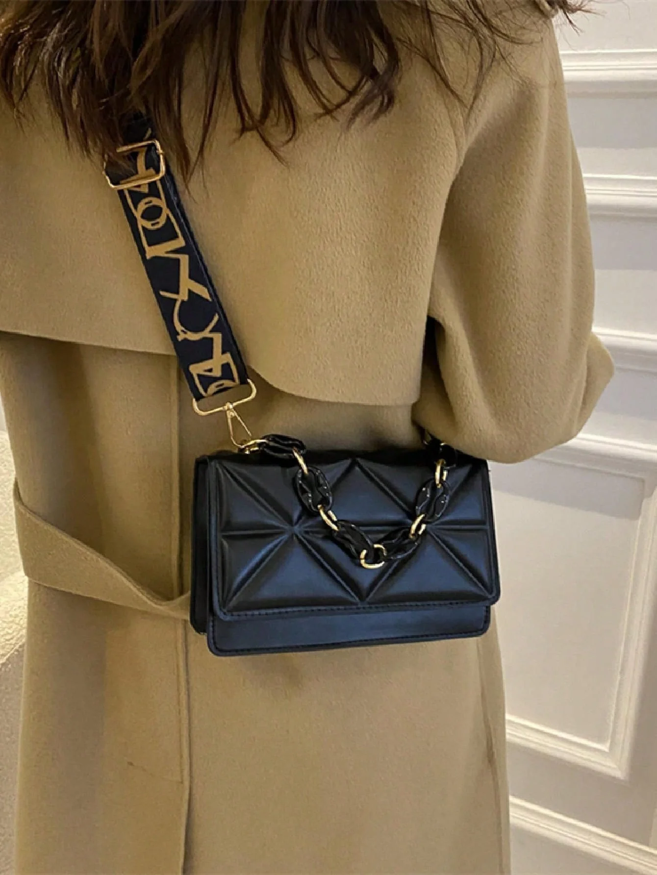 Mini Chain Decor Quilted Flap Embossed Crossbody Bag with Retro Chain FD - Image 8