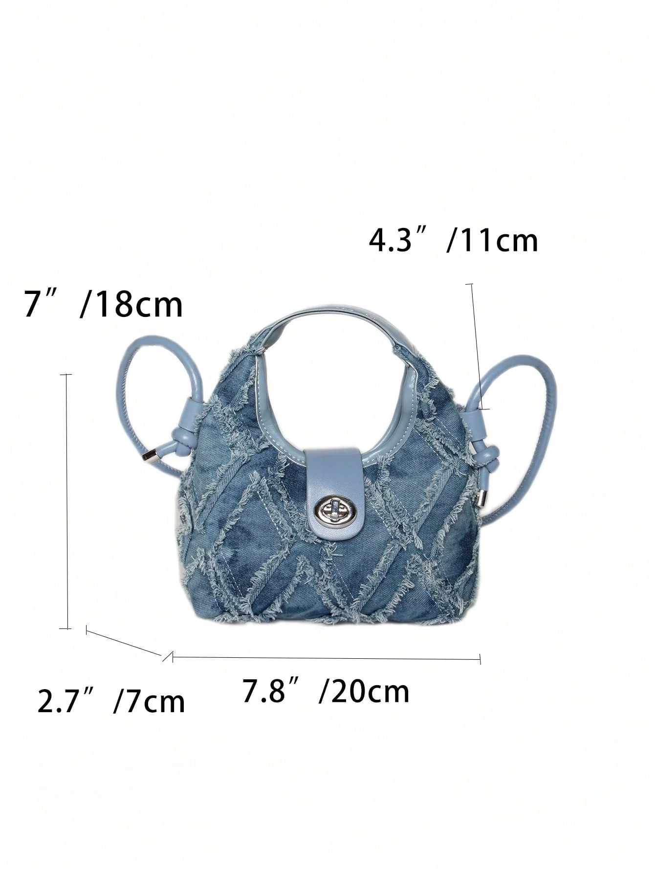 Mini Hobo Bag Twist Lock Raw Trim Denim Underarm Bag,Trendy Turn-Lock Satchel Bag - Image 4