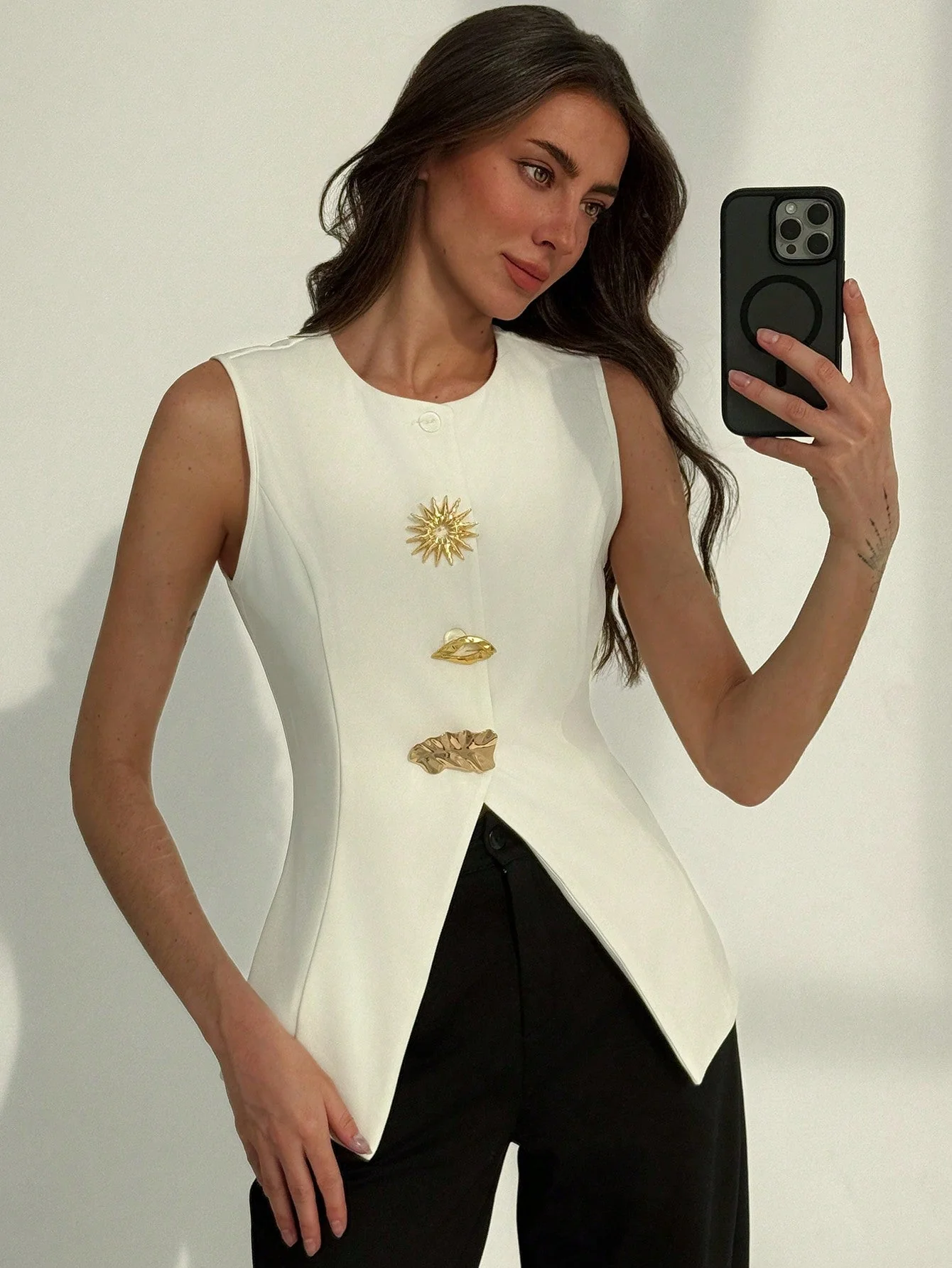 Minimalist Refined Office Crew Neck Fitted Metallic Decor Split Hem White Blazer For Women FD - Image 5