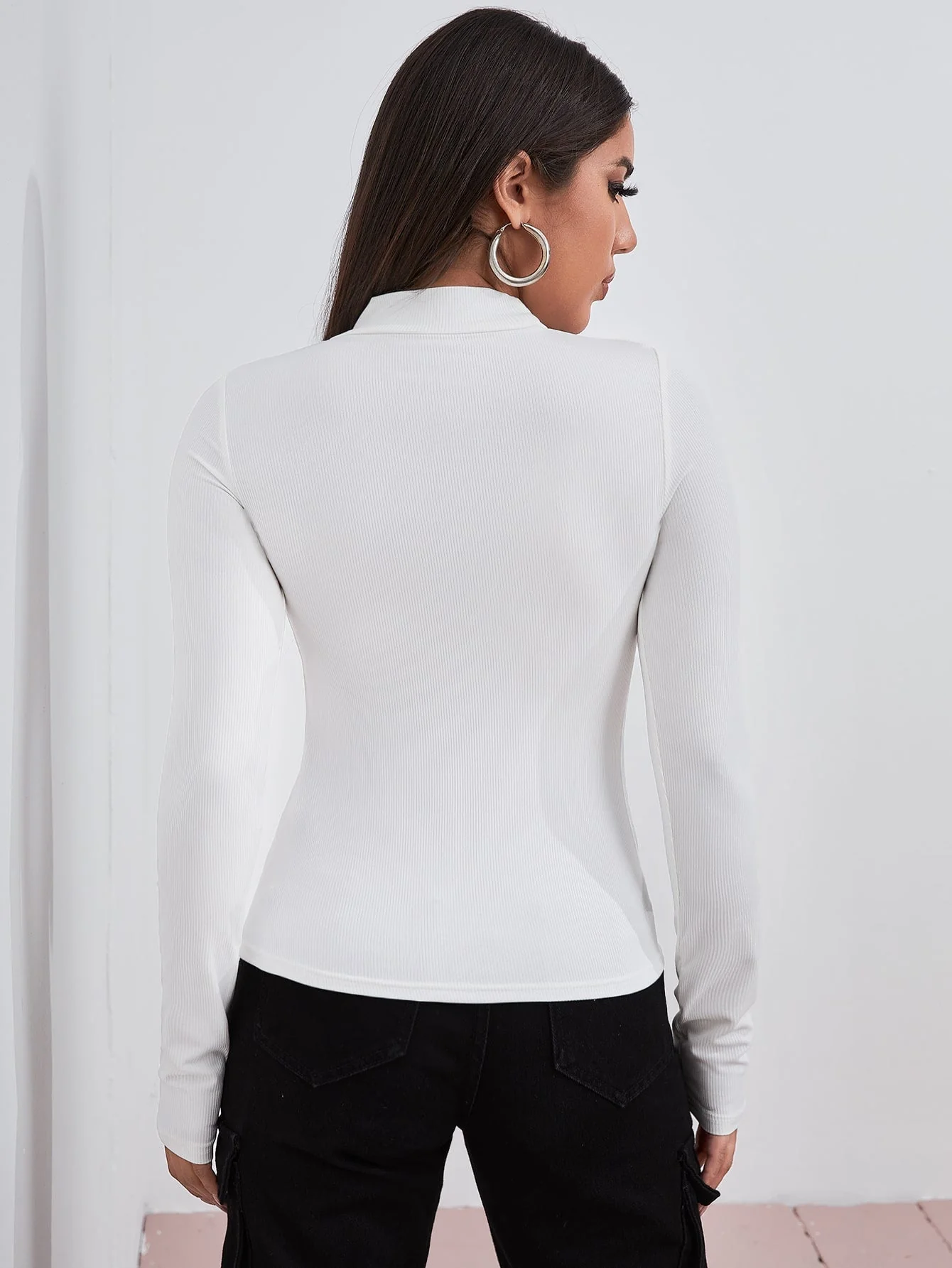 Mock Neck Letter Embroidered Rib-knit Tee - Image 17