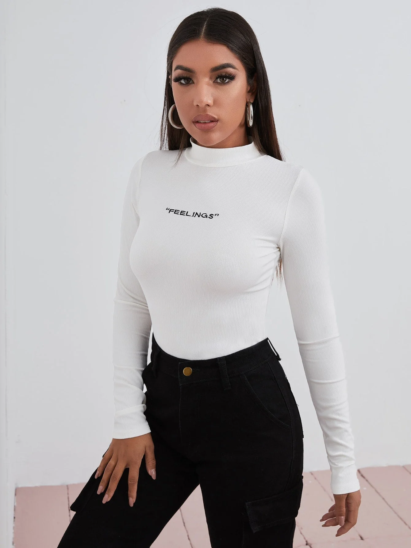 Mock Neck Letter Embroidered Rib-knit Tee - Image 18