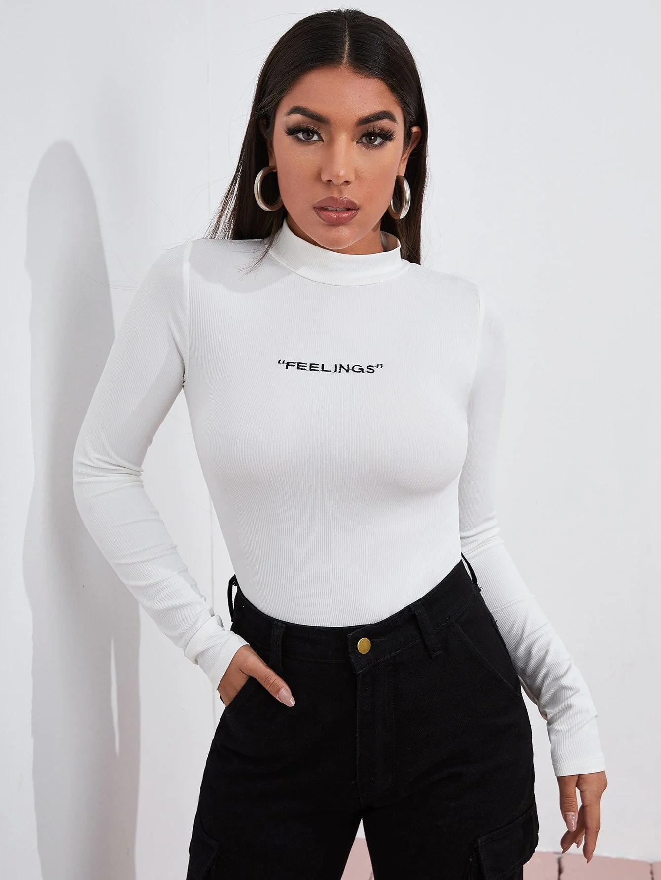 Mock Neck Letter Embroidered Rib-knit Tee - Image 2