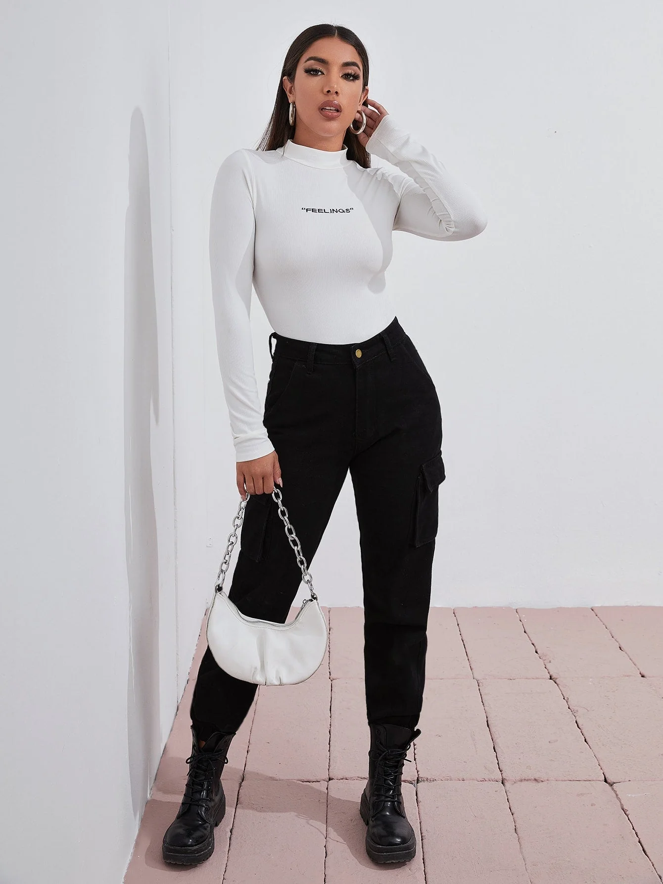 Mock Neck Letter Embroidered Rib-knit Tee - Image 20
