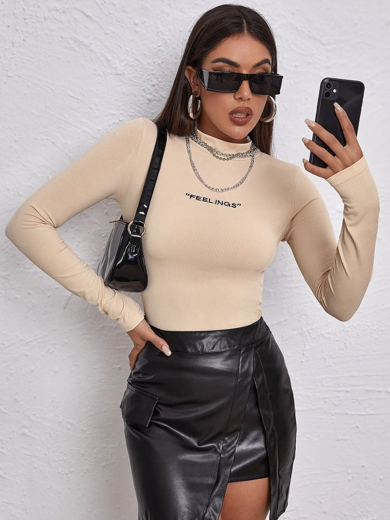 Mock Neck Letter Embroidered Rib-knit Tee - Image 3