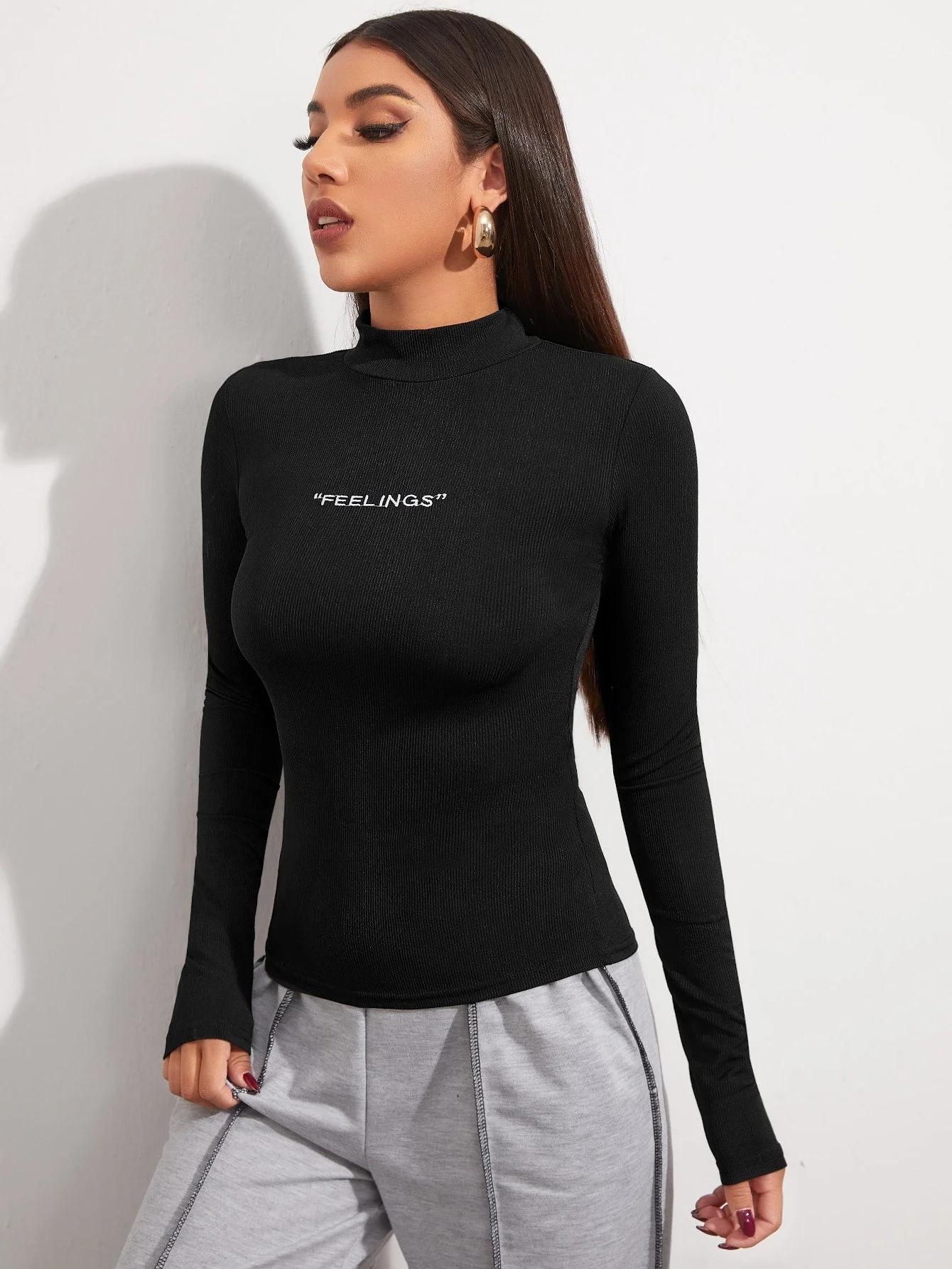 Mock Neck Letter Embroidered Rib-knit Tee - Image 5