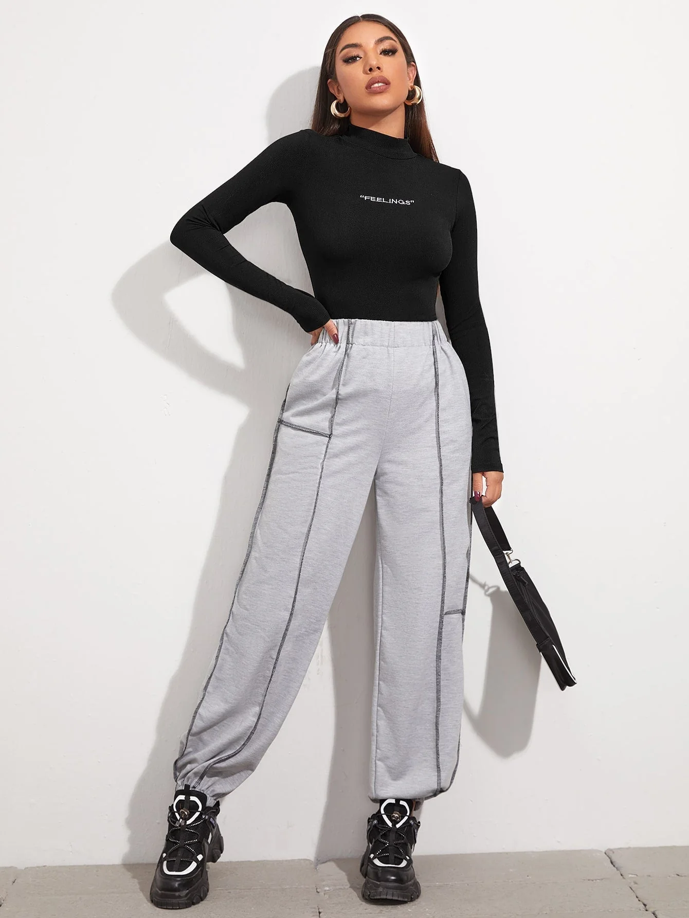Mock Neck Letter Embroidered Rib-knit Tee - Image 6