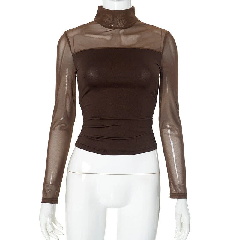 Mock neck mesh splicing long sleeve crop top - Image 15