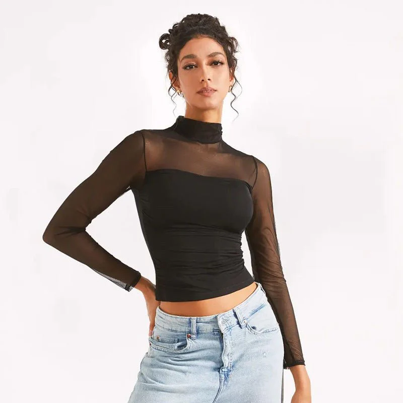 Mock neck mesh splicing long sleeve crop top - Image 6
