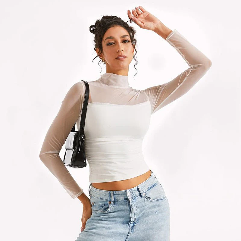 Mock neck mesh splicing long sleeve crop top - Image 7