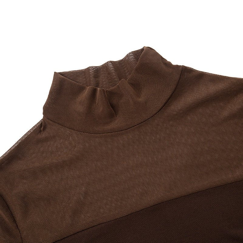 Mock neck mesh splicing long sleeve crop top - Image 8