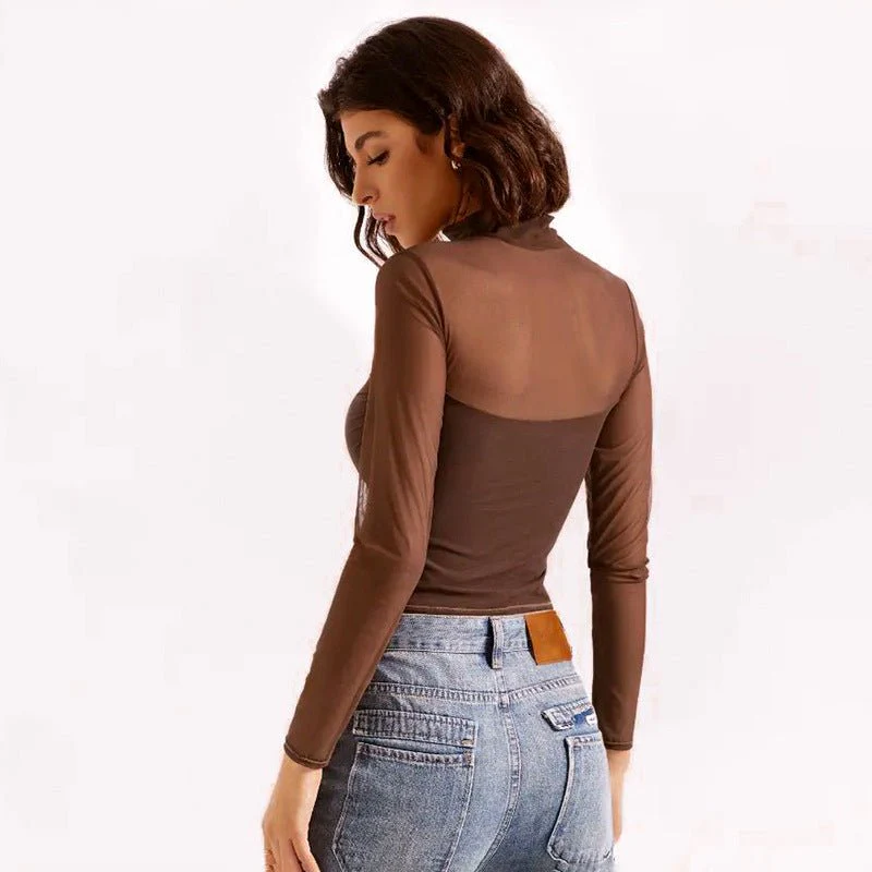 Mock neck mesh splicing long sleeve crop top - Image 9