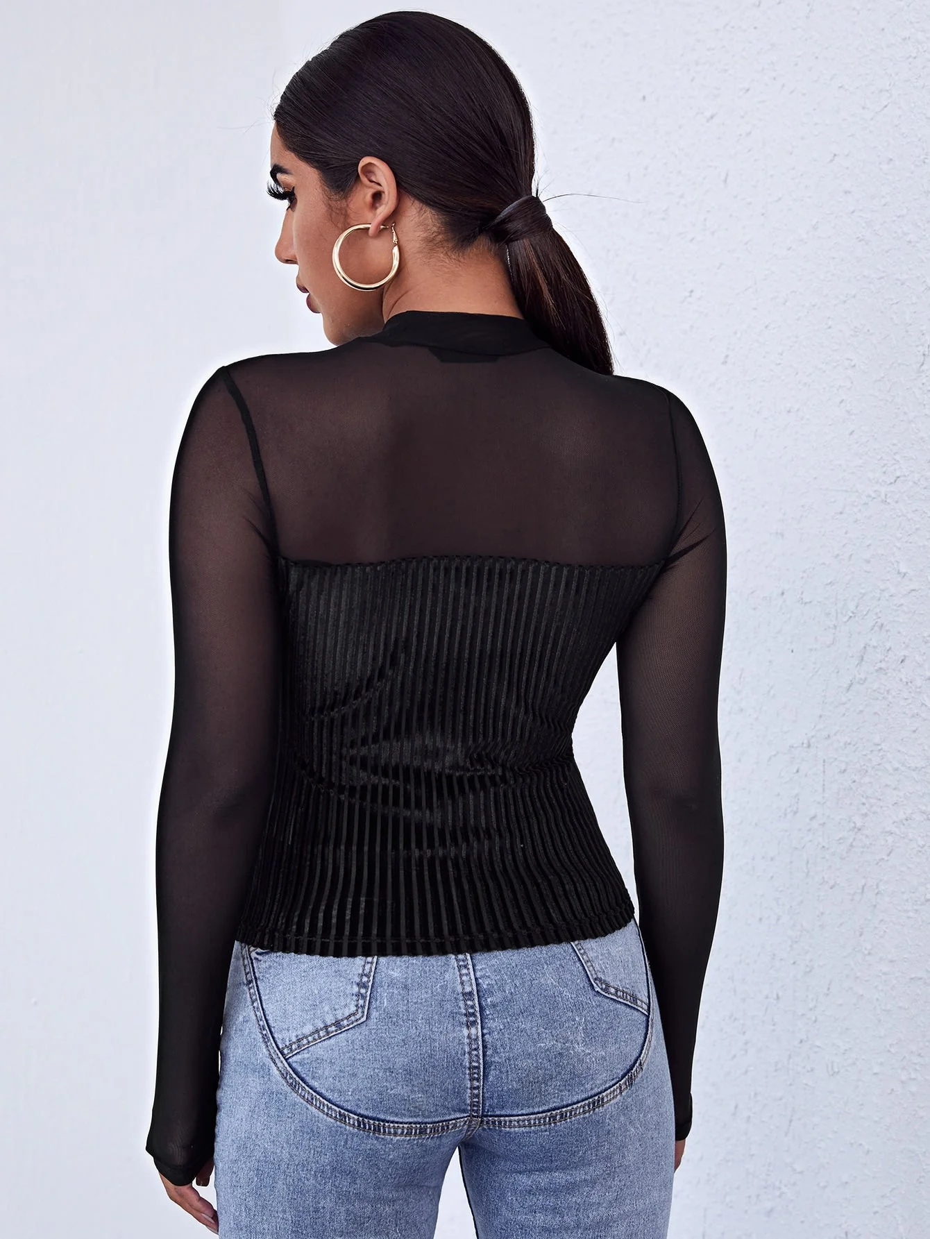 Mock-neck Mesh Yoke Velvet Tee - Image 2