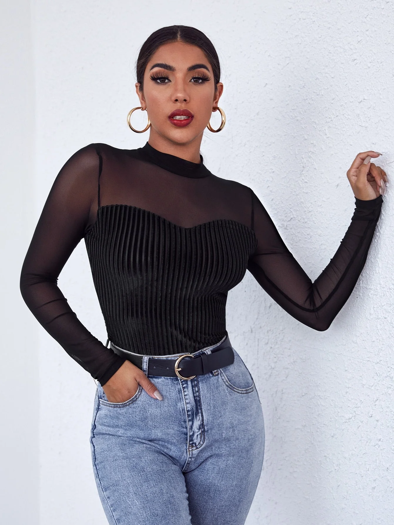 Mock-neck Mesh Yoke Velvet Tee - Image 3