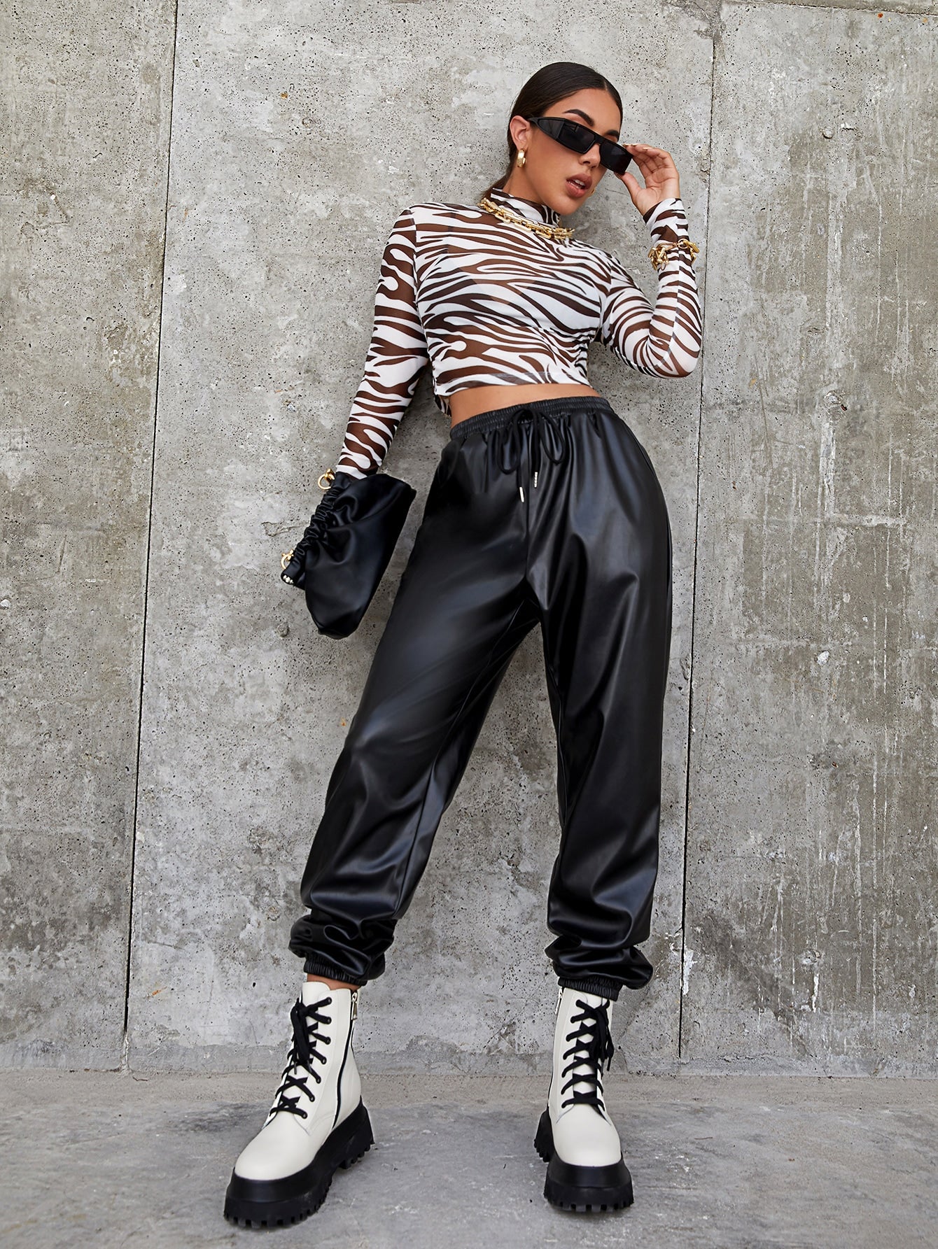 Mock Neck Zebra Striped Sheer Mesh Top Without Bra - Image 12