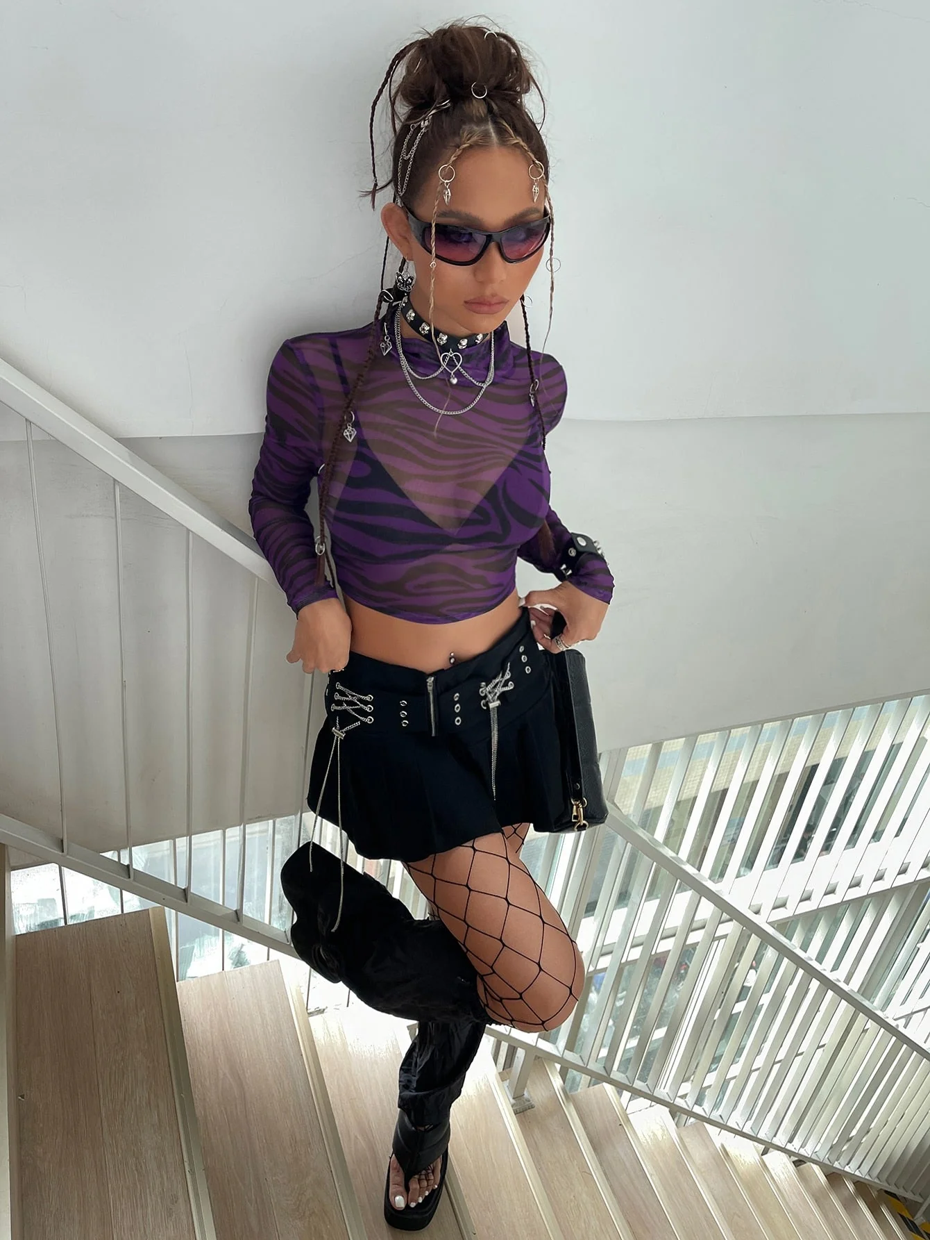 Mock Neck Zebra Striped Sheer Mesh Top Without Bra - Image 16