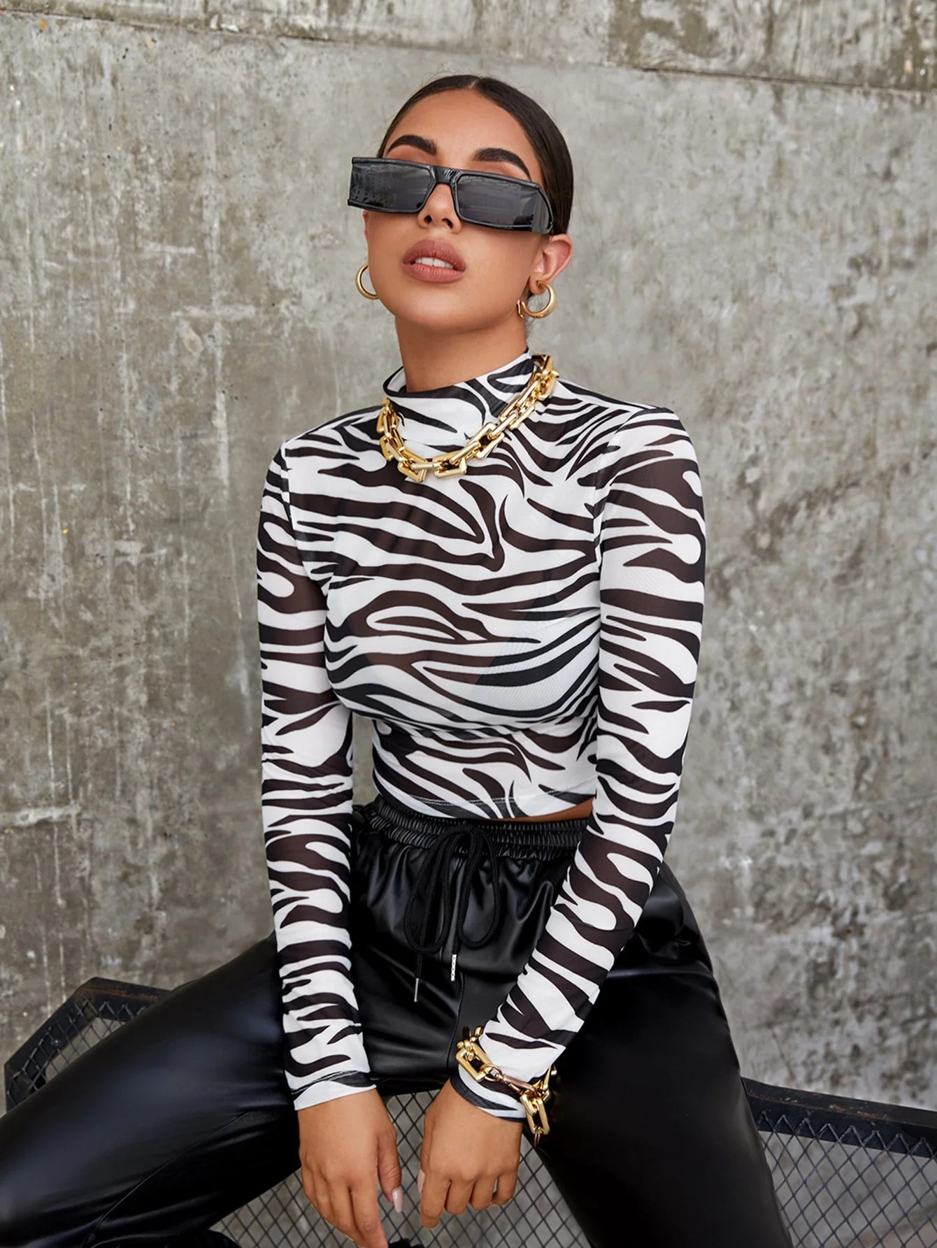 Mock Neck Zebra Striped Sheer Mesh Top Without Bra - Image 3