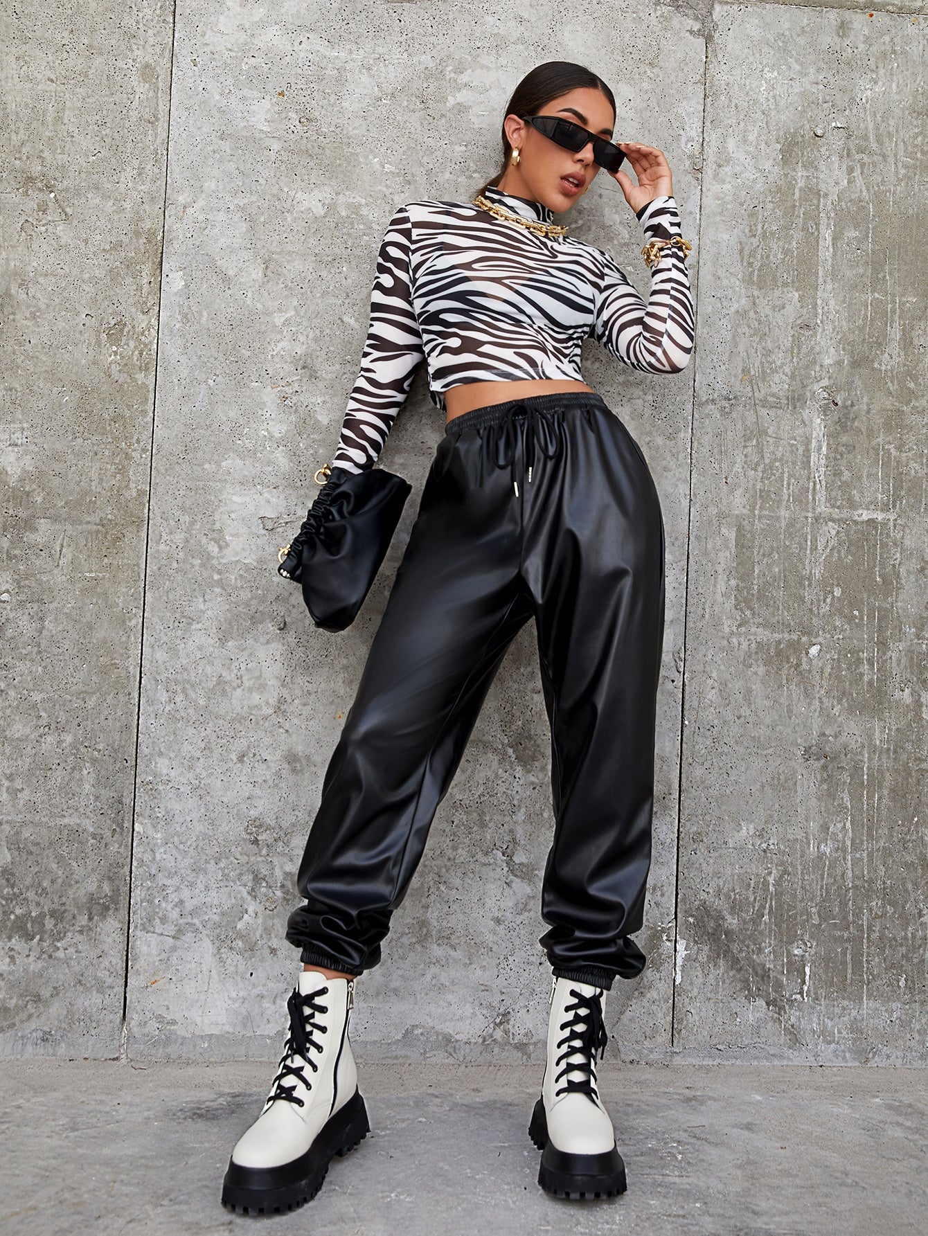 Mock Neck Zebra Striped Sheer Mesh Top Without Bra - Image 5