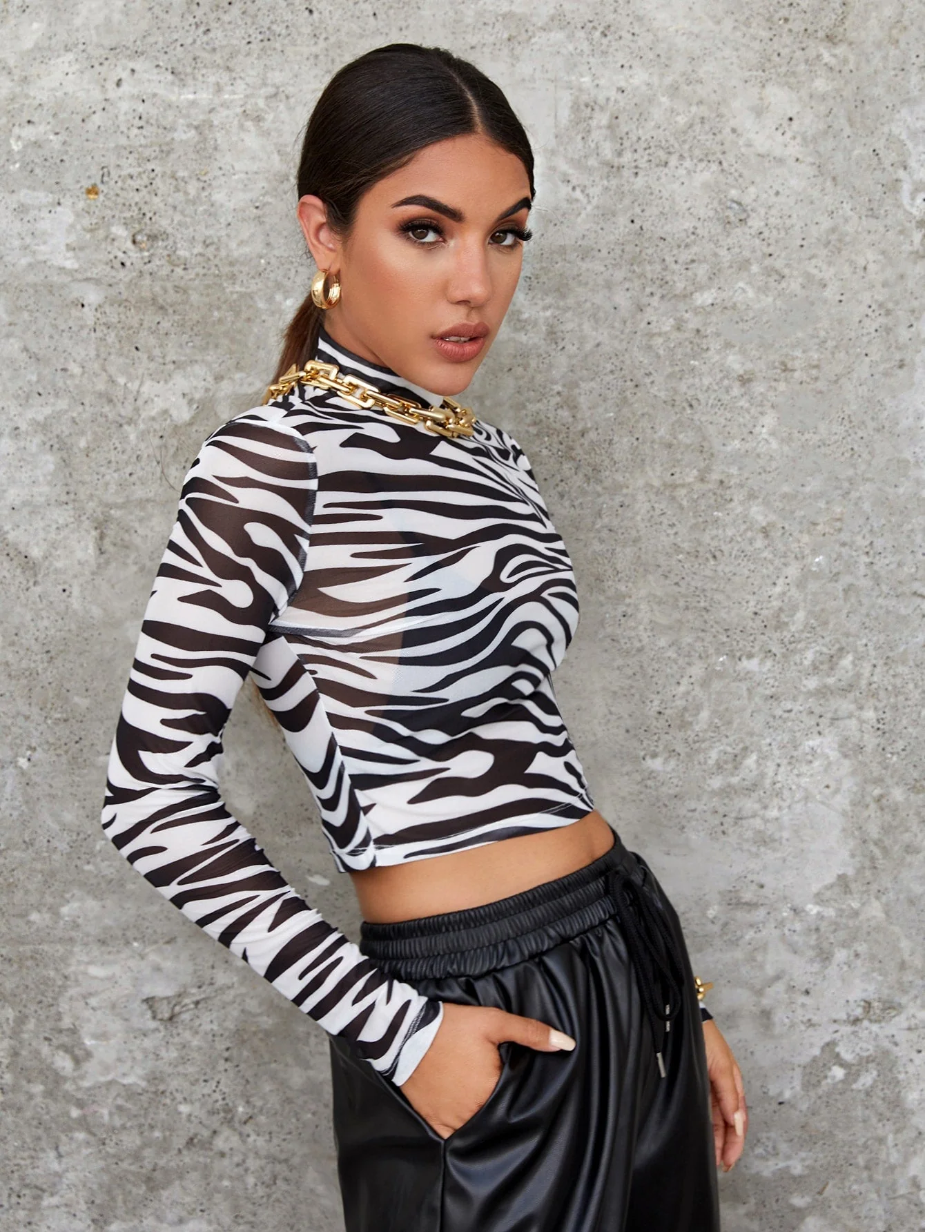 Mock Neck Zebra Striped Sheer Mesh Top Without Bra - Image 6