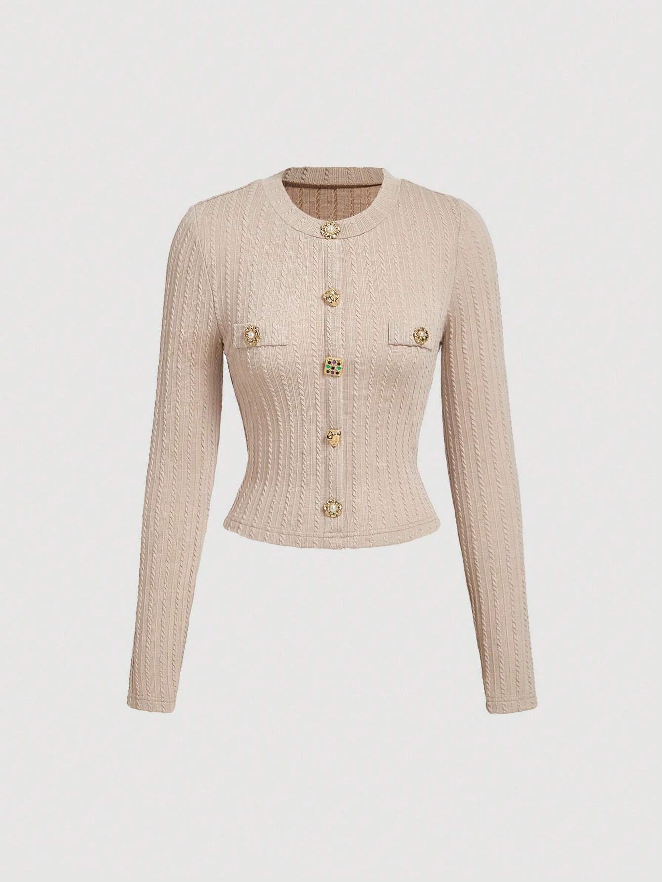 MOD Black Elegant Round Neck Metal Button Bell Sleeve T-Shirt Spring - Image 13