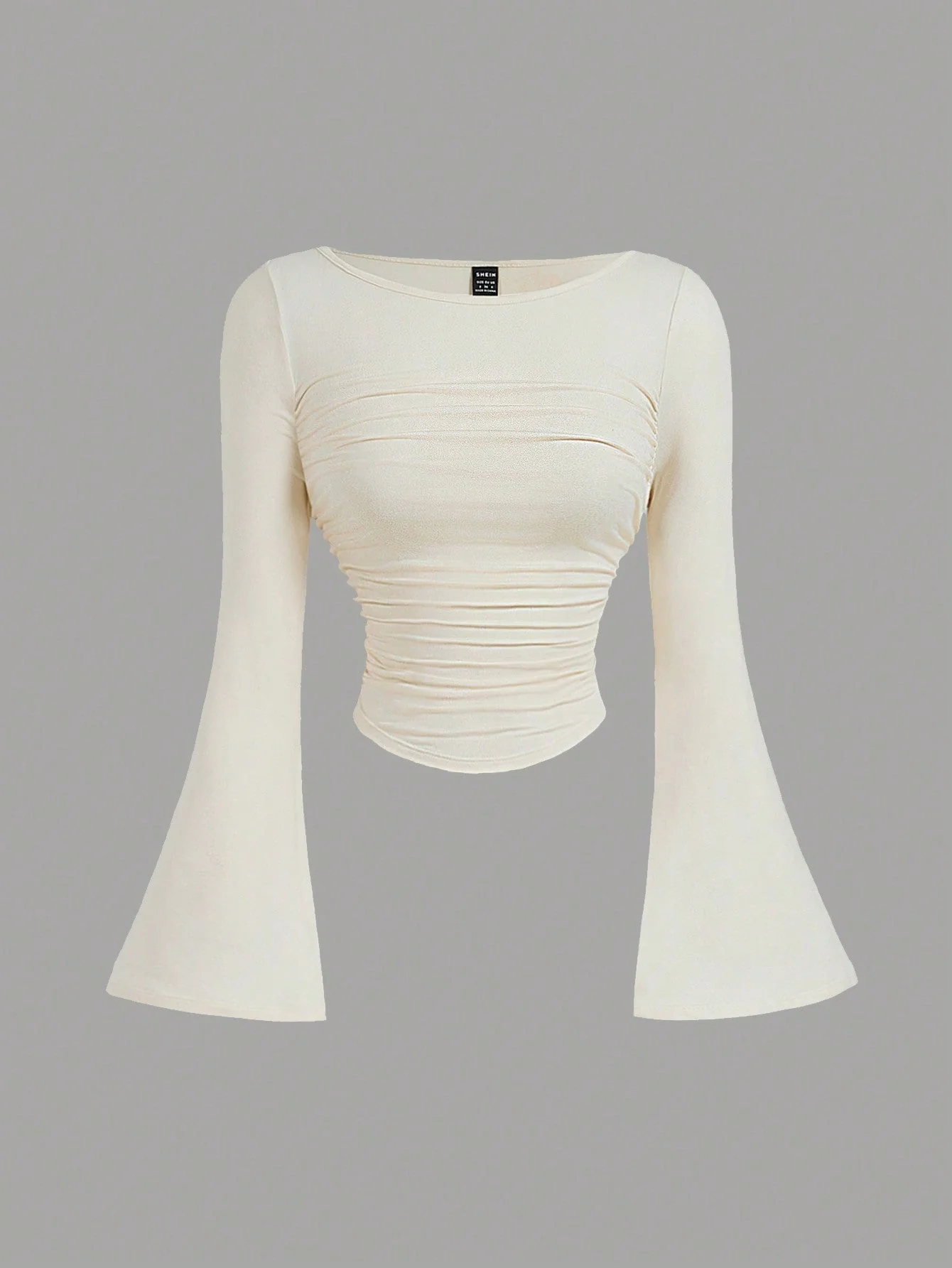 MOD Casual Solid Color Boat Neck Bell Sleeve Ruched Waist Versatile T-Shirt