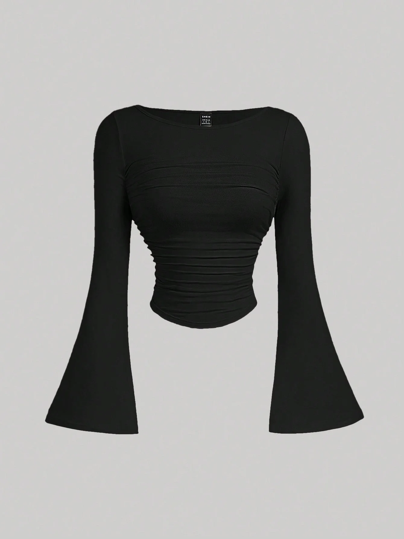 MOD Casual Solid Color Boat Neck Bell Sleeve Ruched Waist Versatile T-Shirt - Image 2