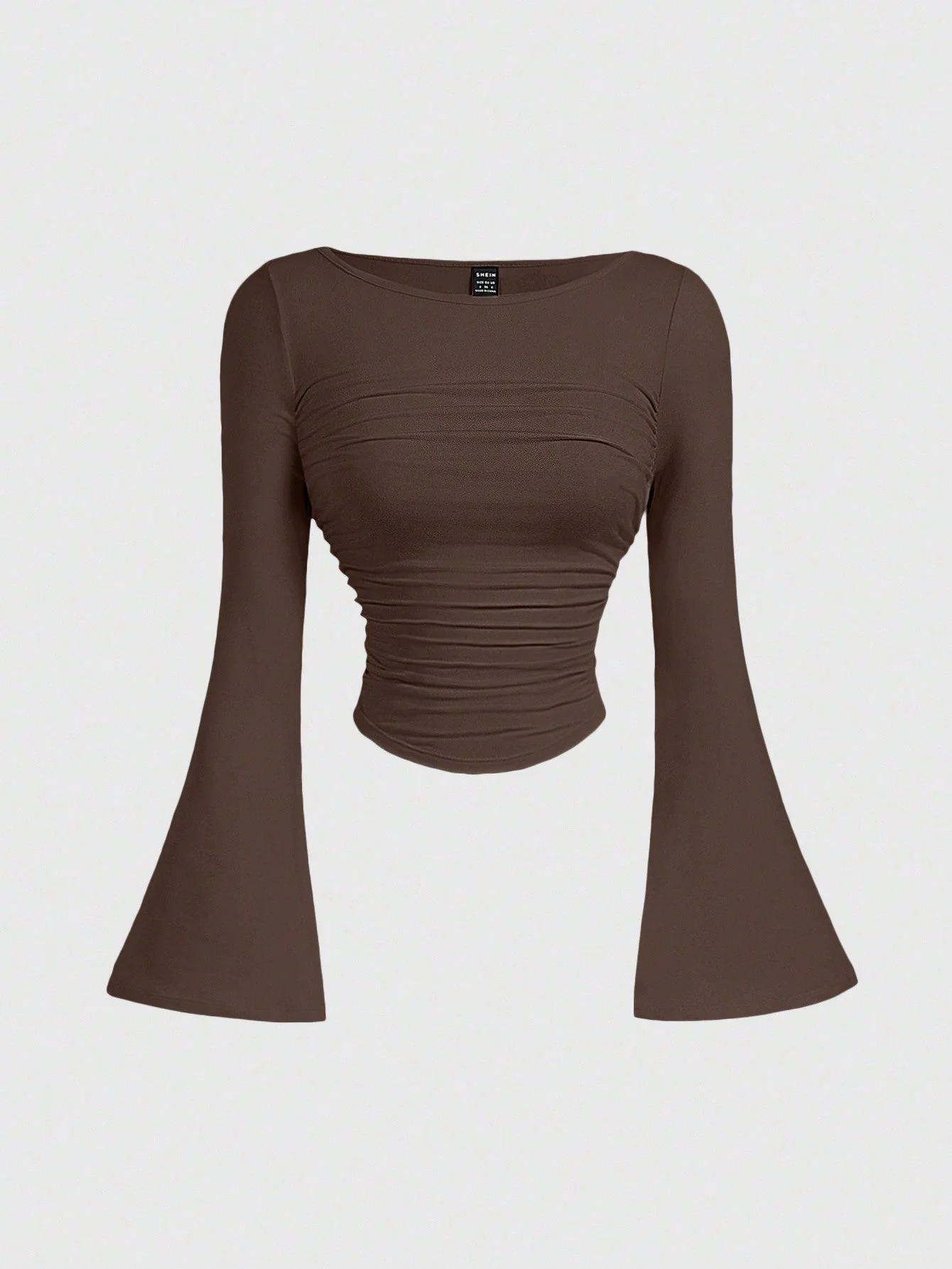 MOD Casual Solid Color Boat Neck Bell Sleeve Ruched Waist Versatile T-Shirt - Image 4