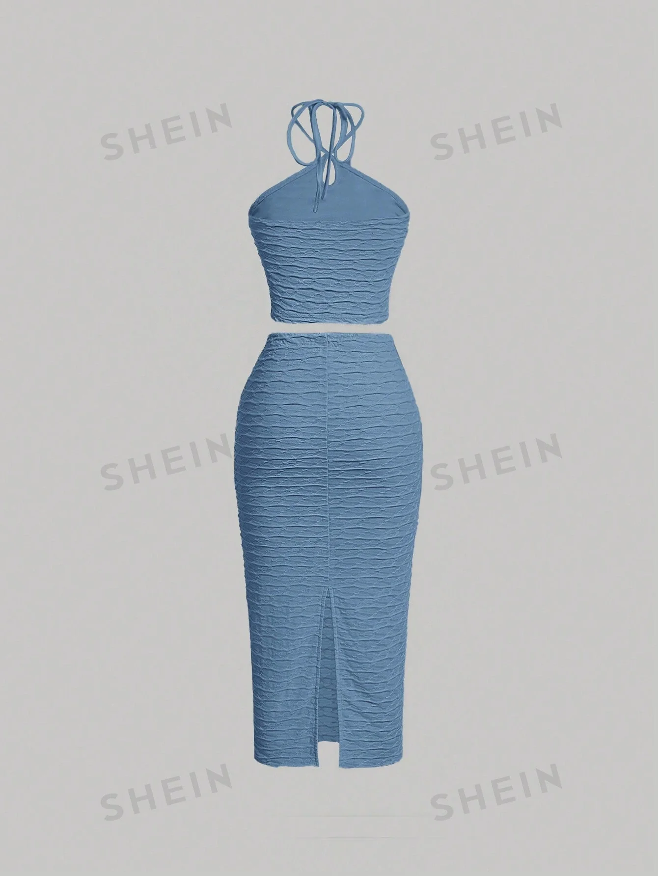 MOD Ladies' Solid Color Fashion Halter Top And Bodycon Maxi Skirt Two Piece Blue Set - Image 9