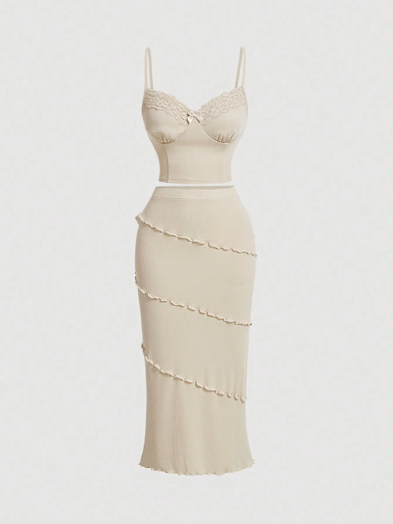 MOD Peach Colored Knitted Tank Top And Fishtail Hem Knee Length Skirt Set, For Teenage Girls - Image 2