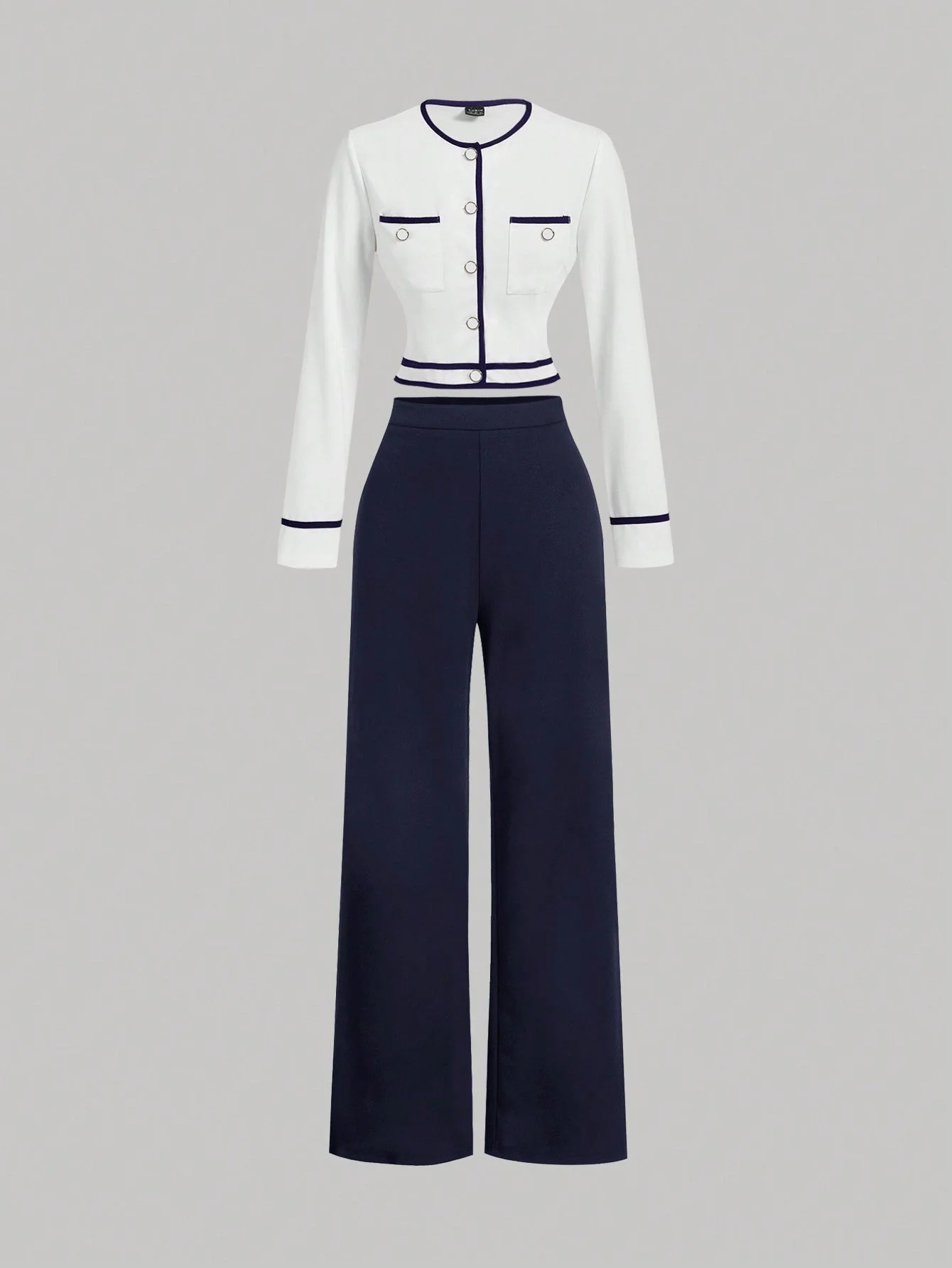 MOD Women's Round Neck Contrast Trim Long Sleeve Top And Straight Leg Casual Pants Suit