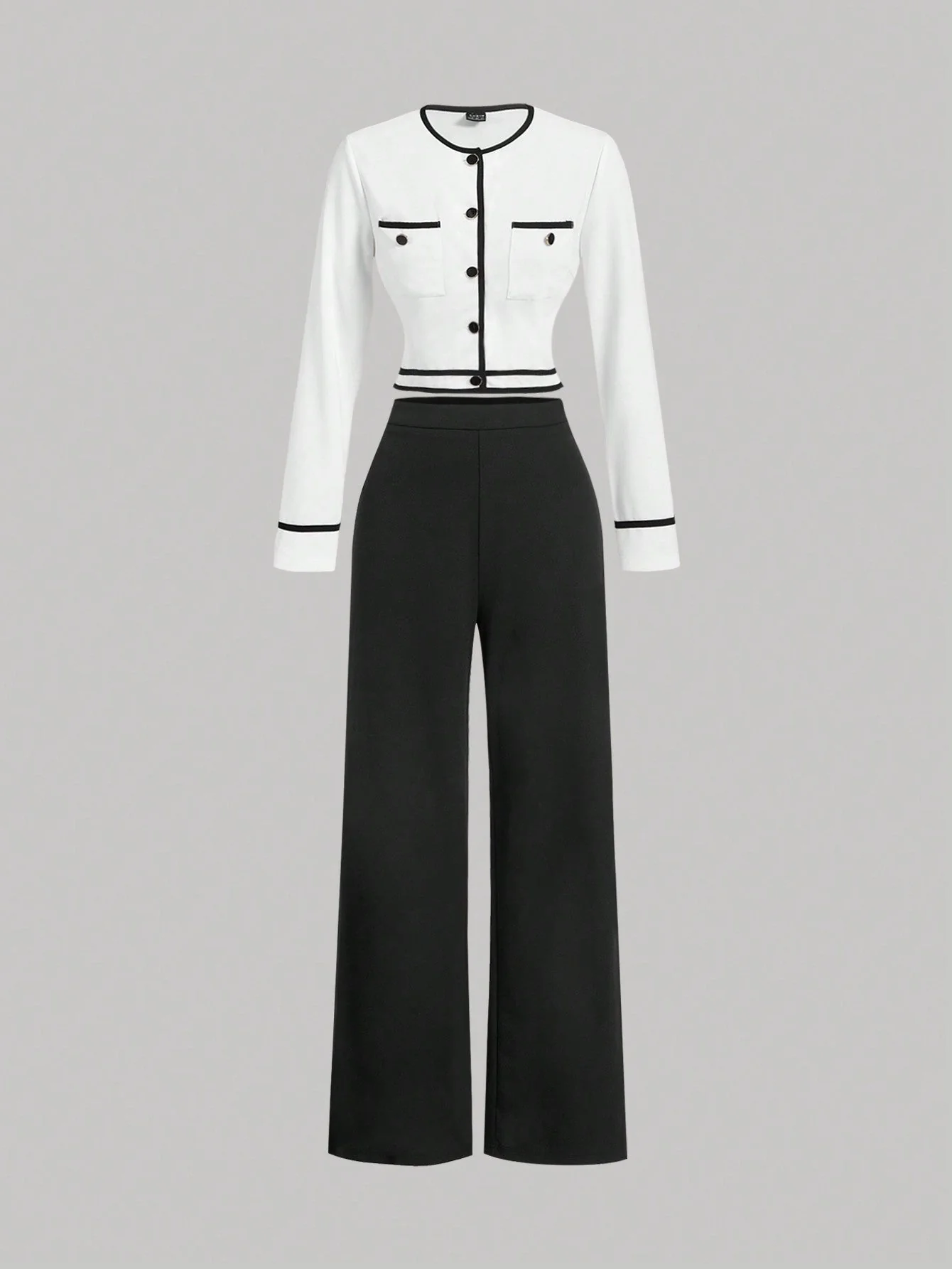 MOD Women's Round Neck Contrast Trim Long Sleeve Top And Straight Leg Casual Pants Suit - Image 11