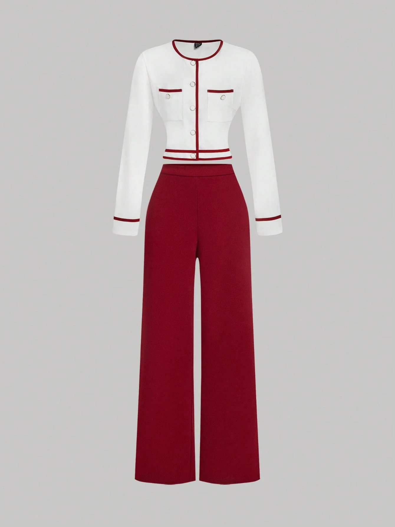 MOD Women's Round Neck Contrast Trim Long Sleeve Top And Straight Leg Casual Pants Suit - Image 12