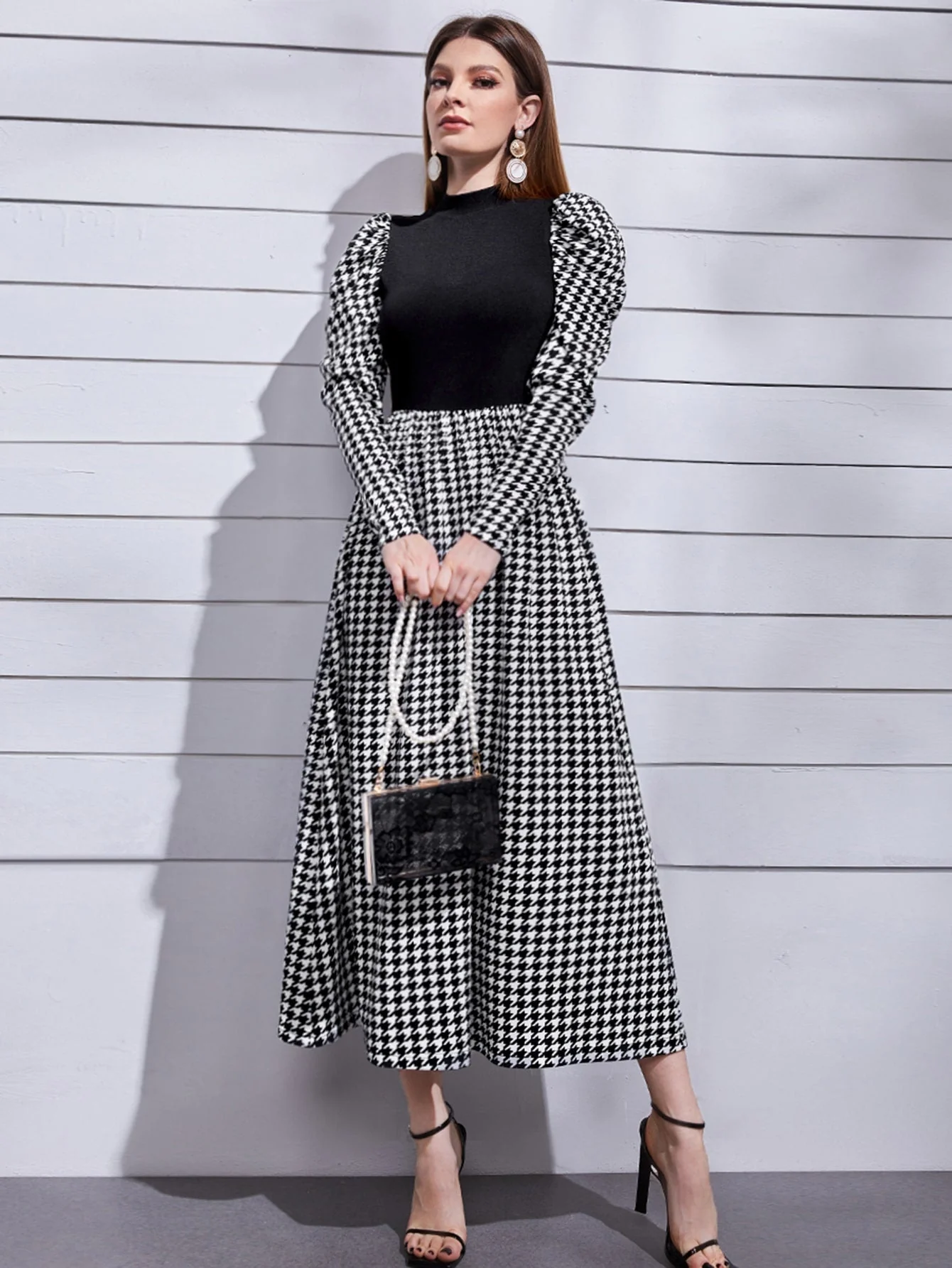 Modely Mock Neck Leg-of-mutton Sleeve Houndstooth Dress FD