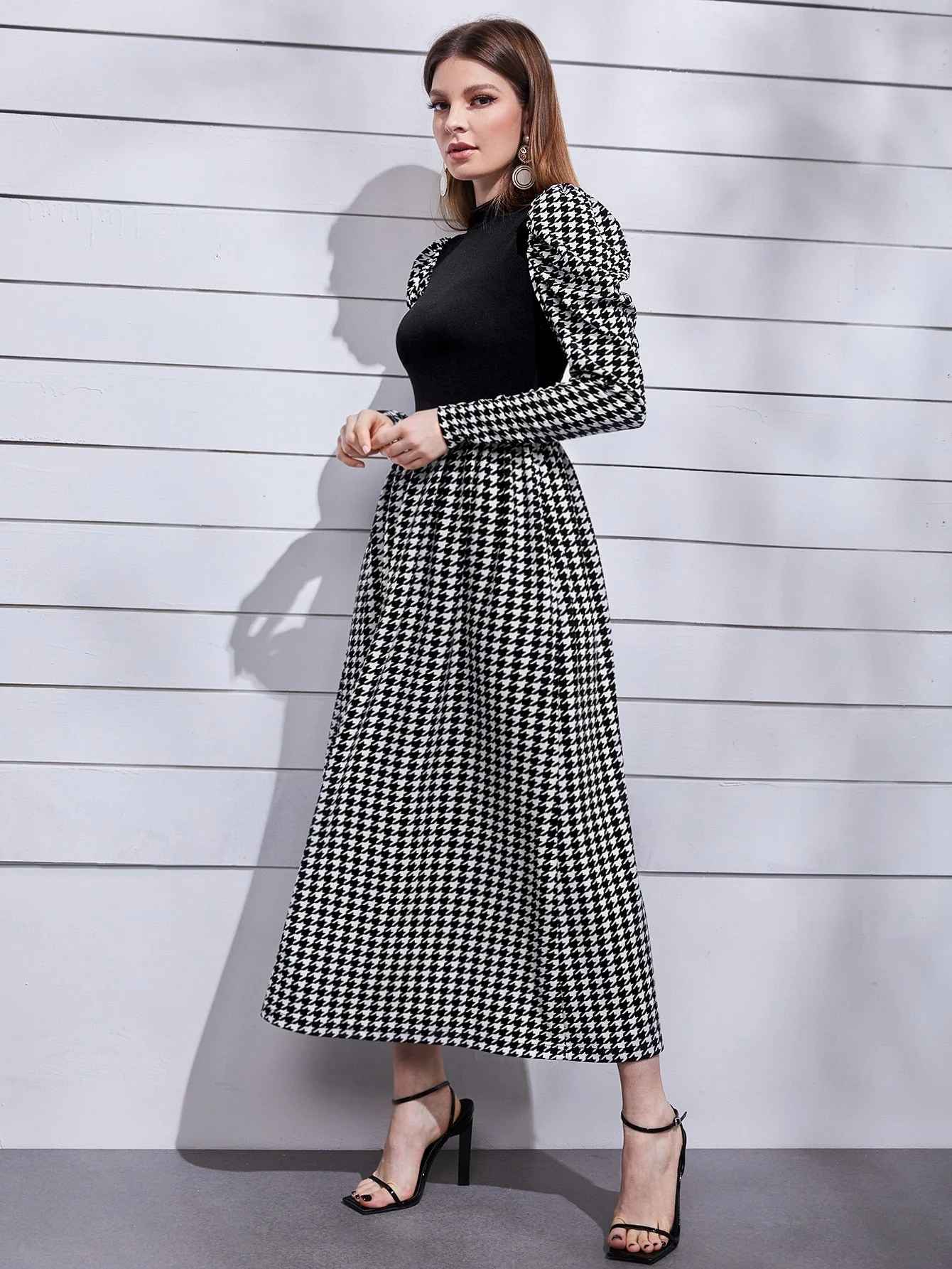 Modely Mock Neck Leg-of-mutton Sleeve Houndstooth Dress FD - Image 4