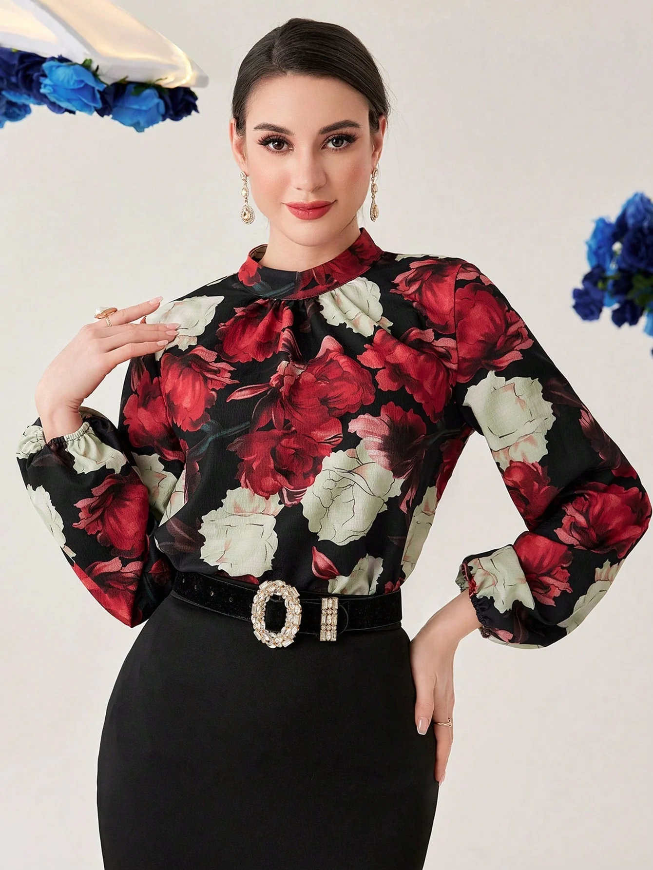 Modely Women's Stand-Collar Flower Print Lantern Sleeve Shirt - Image 3