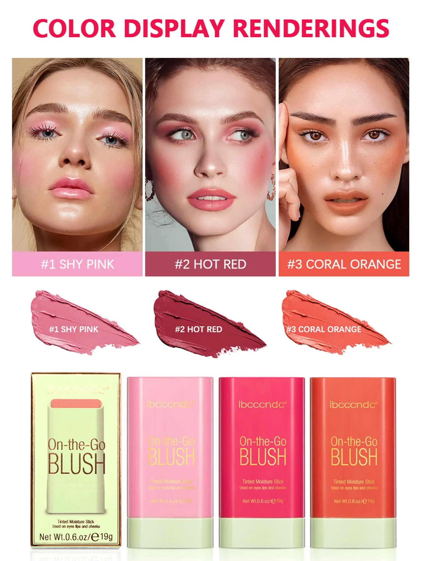 Moisturizing Blush Stick, Tinted Solid Moisturizer Stick For Cheek & Eyes & Lips #Coral Orange - Image 3