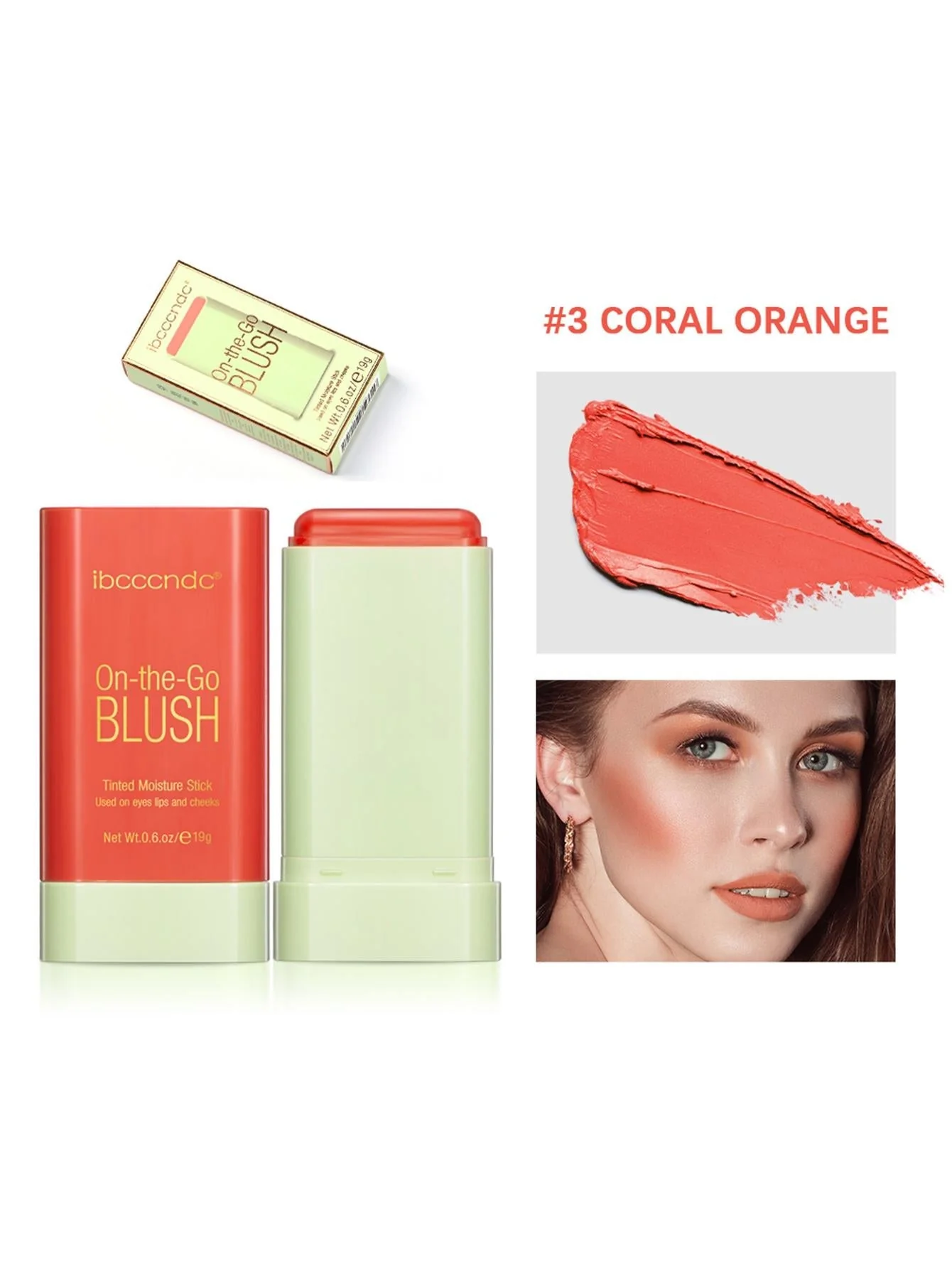 Moisturizing Blush Stick, Tinted Solid Moisturizer Stick For Cheek & Eyes & Lips #Coral Orange - Image 4