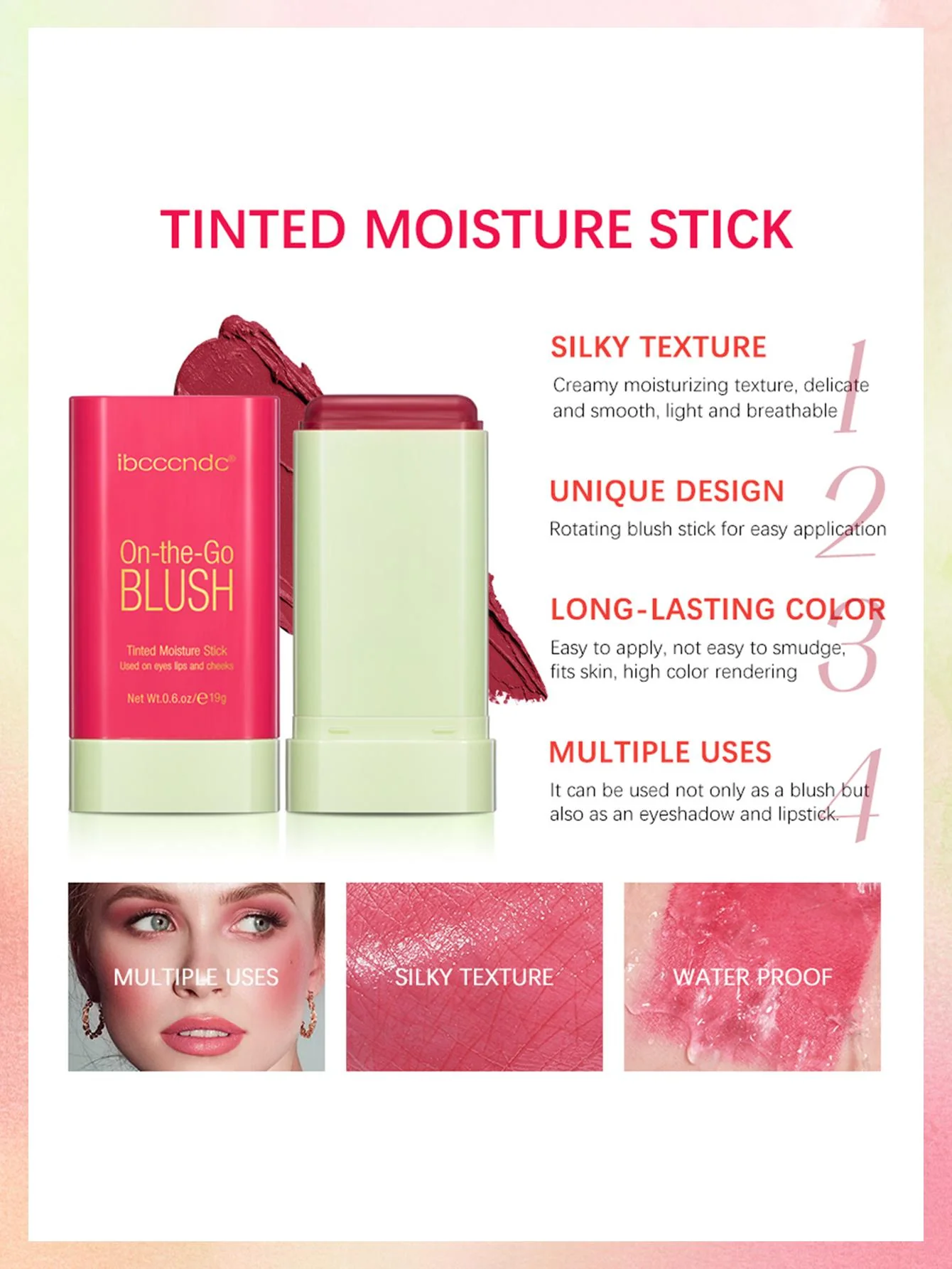 Moisturizing Blush Stick, Tinted Solid Moisturizer Stick For Cheek & Eyes & Lips #Coral Orange - Image 6