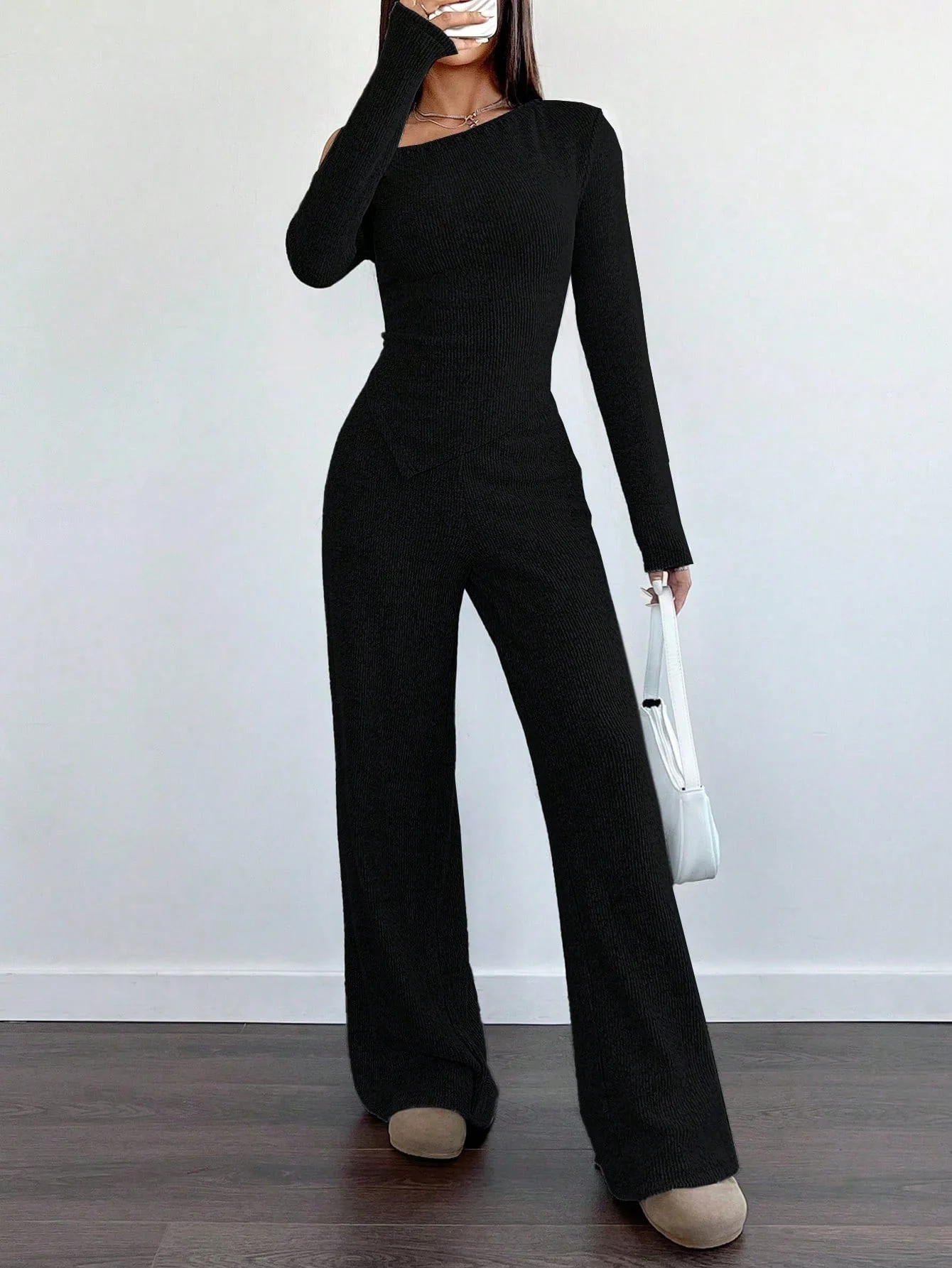 MOOSTA 2pcs/Set Women Plush Asymmetrical Asymmetrical Neck T-Shirt & Wide-Leg Pants Casual - Image 6