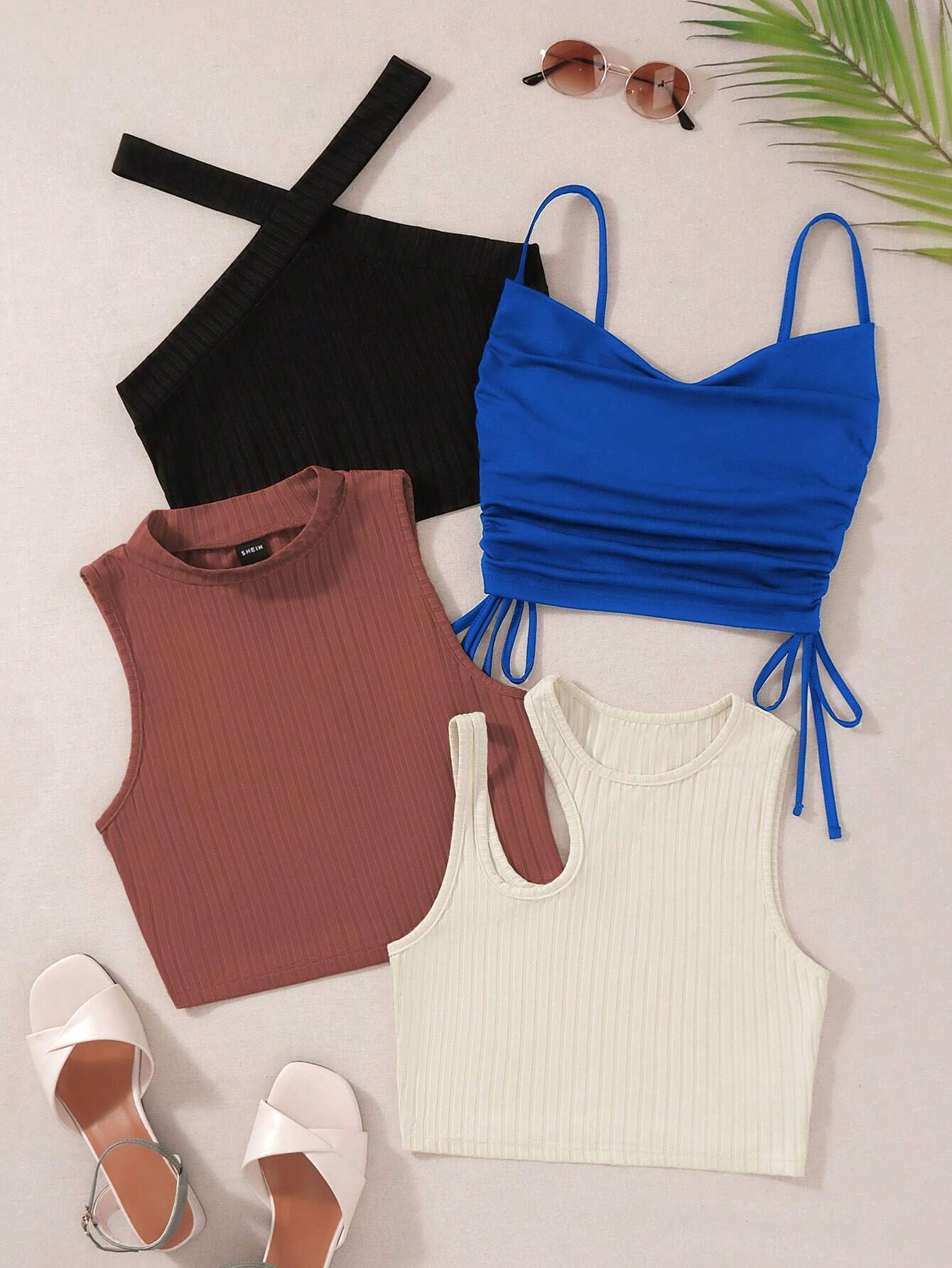 MOOSTA 4pcs Solid Drawstring Side Cami Top & Halter Top & Tank Top, Going Out Top - Image 13