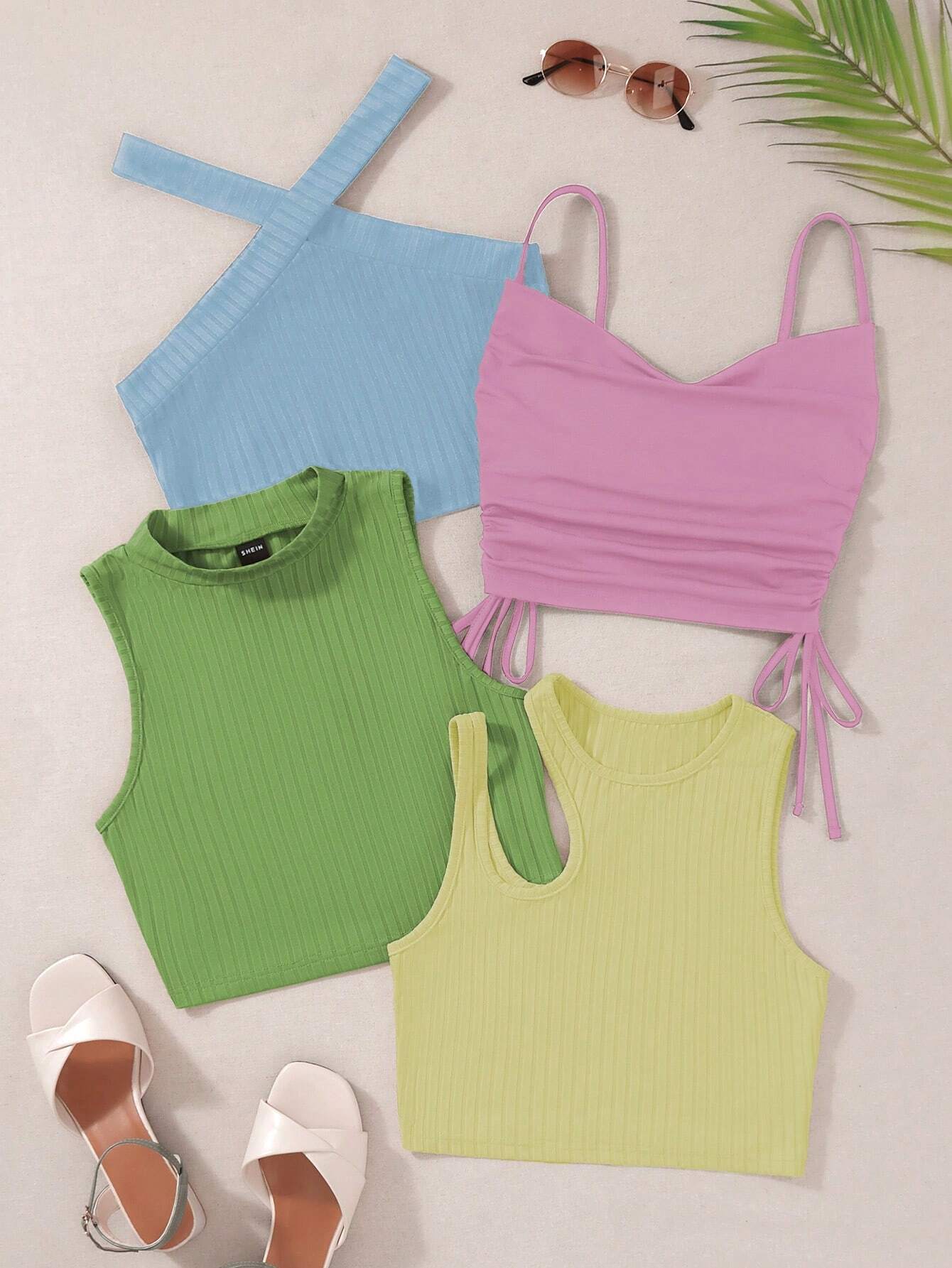 MOOSTA 4pcs Solid Drawstring Side Cami Top & Halter Top & Tank Top, Going Out Top - Image 14