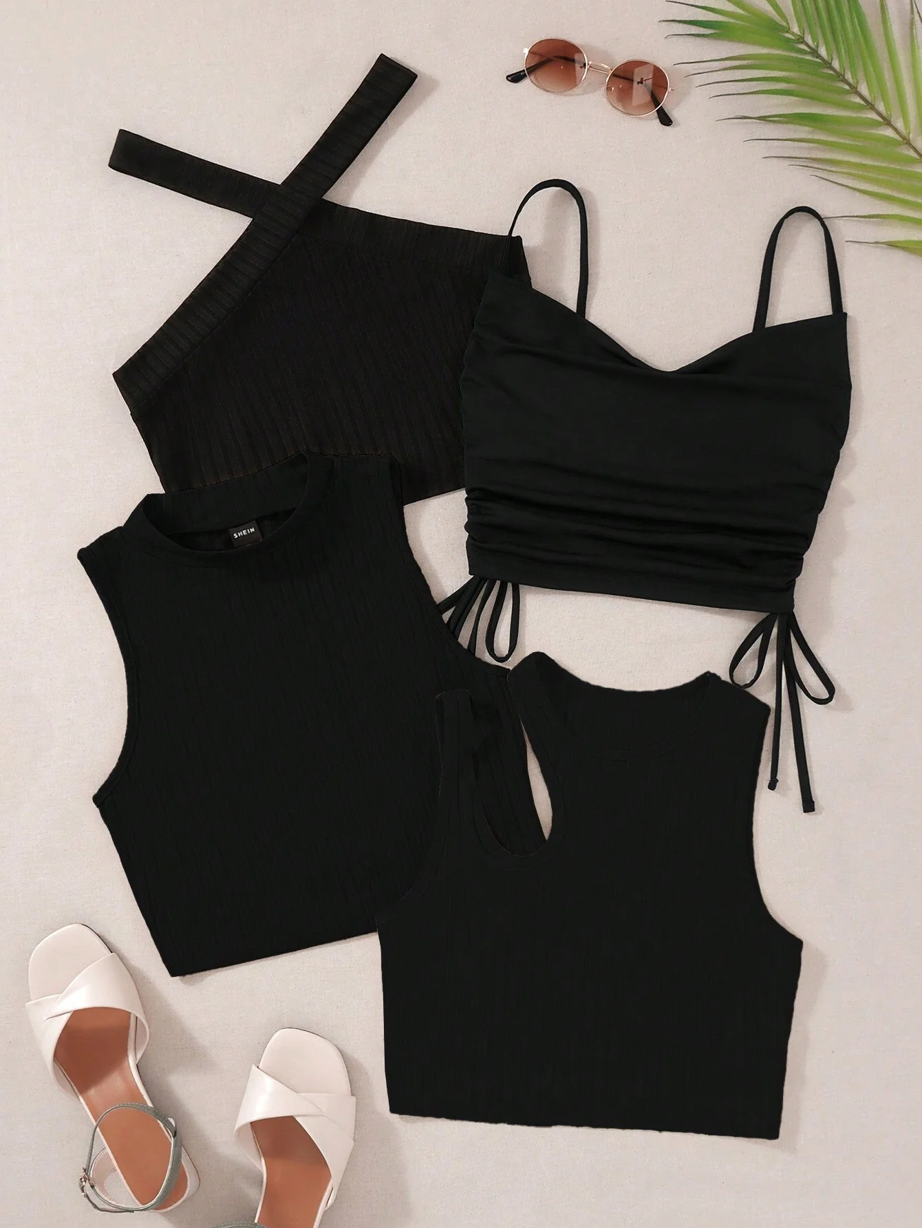 MOOSTA 4pcs Solid Drawstring Side Cami Top & Halter Top & Tank Top, Going Out Top - Image 15