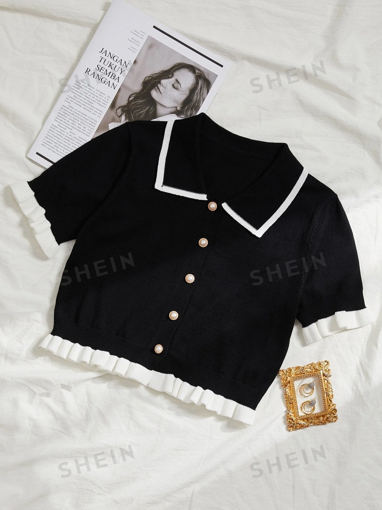 MOOSTA Button Front Contrast Binding Frill Trim Cardigan - Image 3
