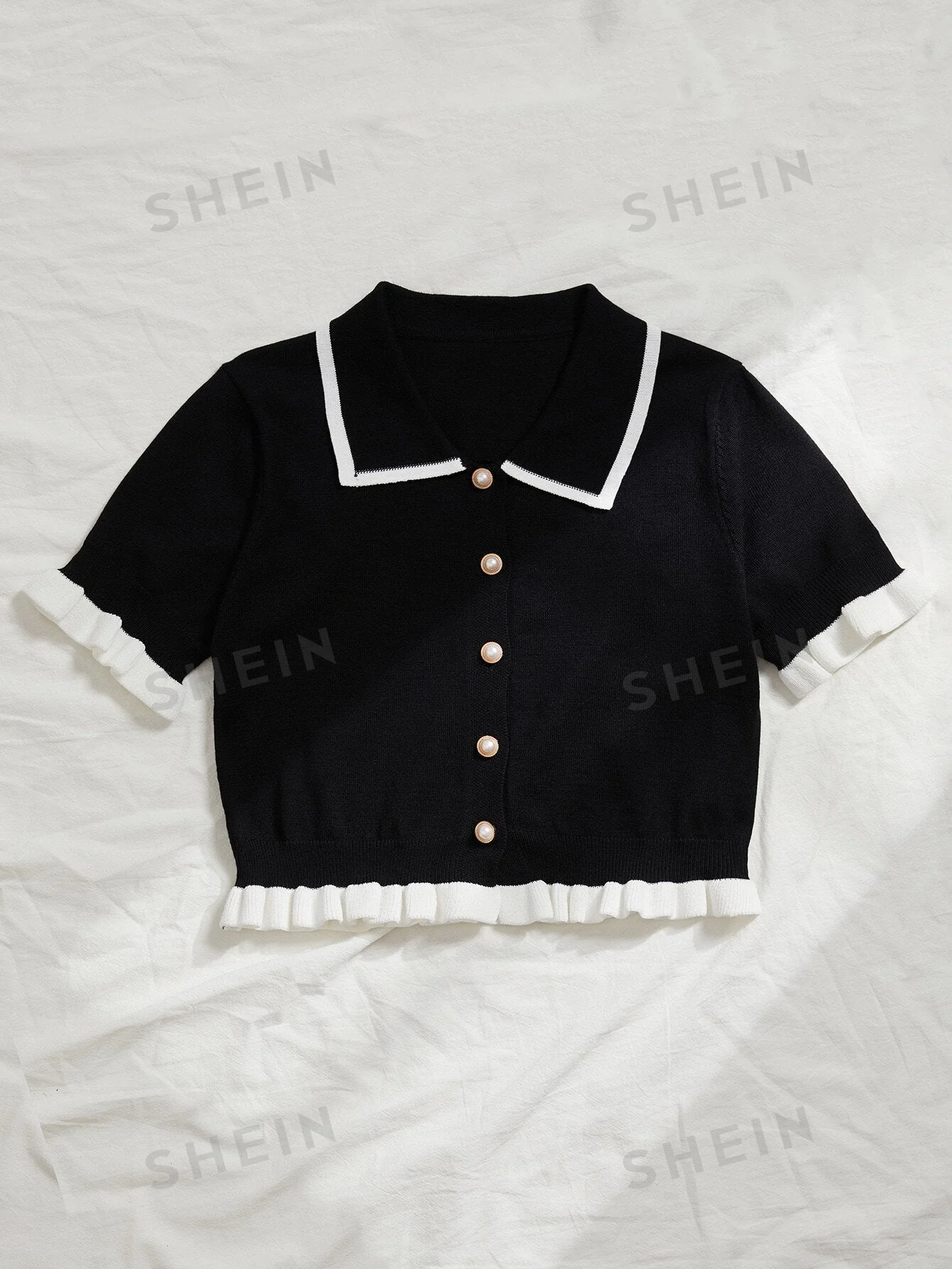 MOOSTA Button Front Contrast Binding Frill Trim Cardigan - Image 6