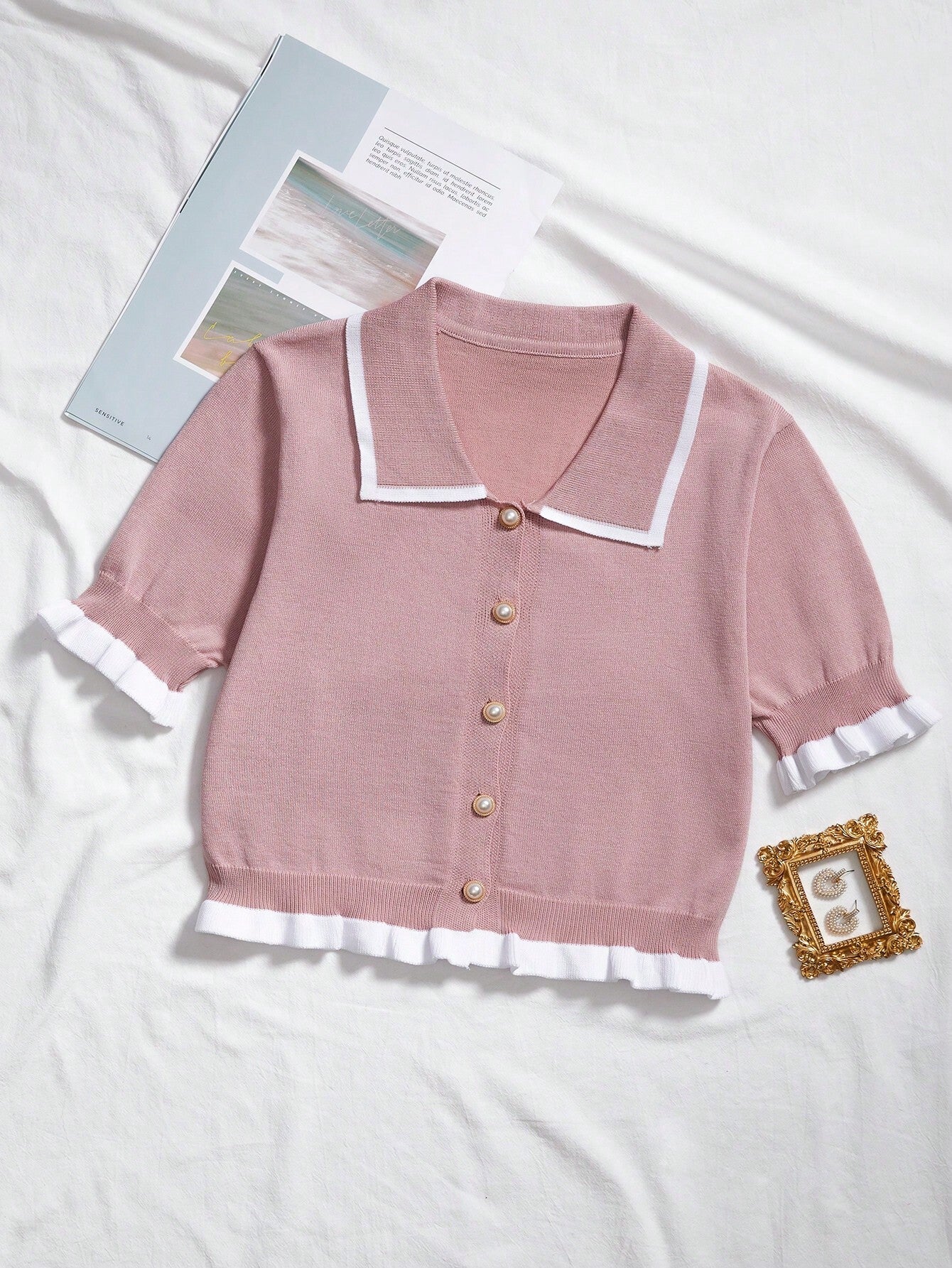 MOOSTA Button Front Contrast Binding Frill Trim Cardigan - Image 8